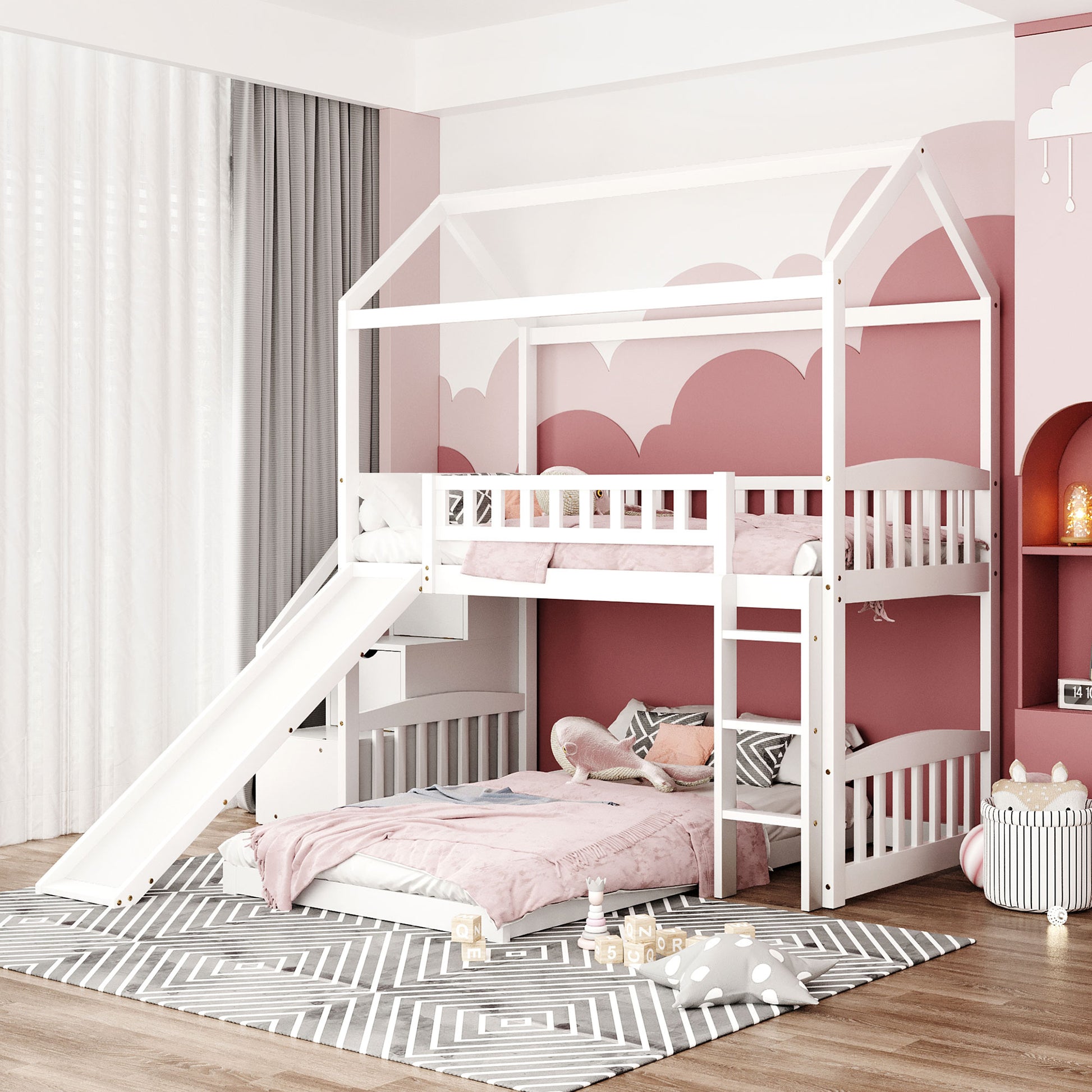 Twin Over Twin Bunk Bed With Two Drawers And Slide, House Bed With Slide, White Old Sku :Lp000129Aak White Pine