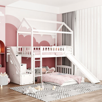 Twin Over Twin Bunk Bed With Two Drawers And Slide, House Bed With Slide, White Old Sku :Lp000129Aak White Pine