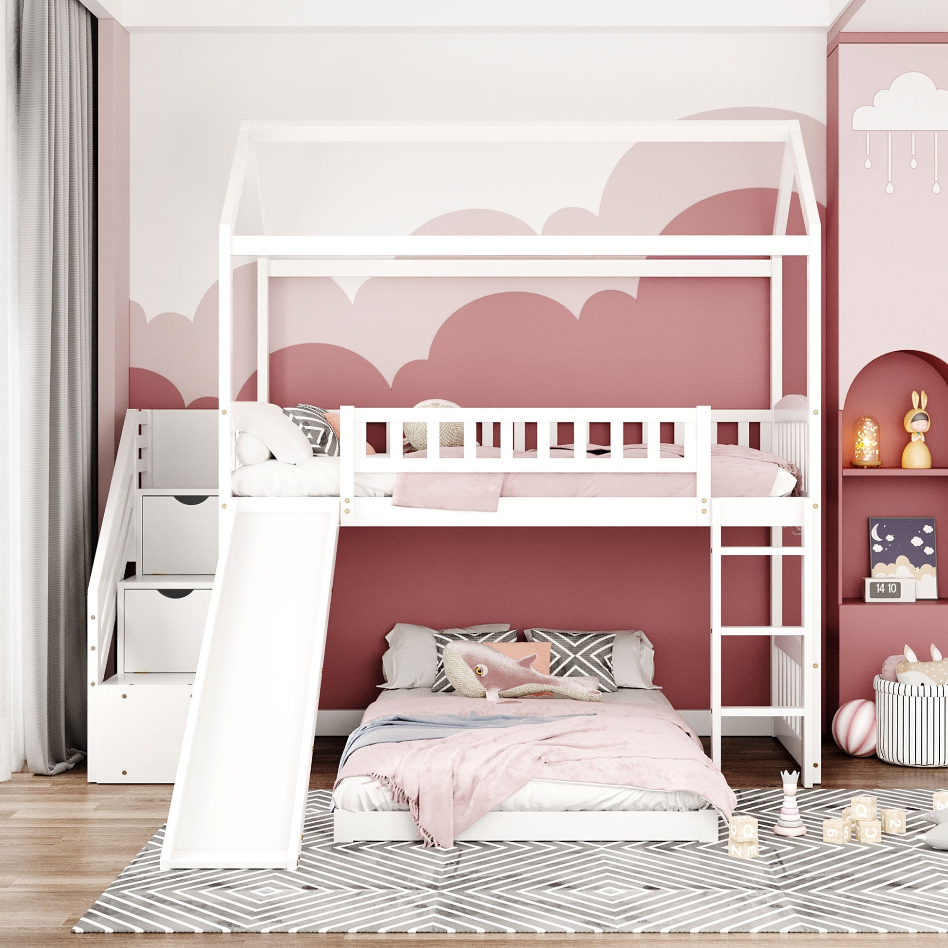 Twin Over Twin Bunk Bed With Two Drawers And Slide, House Bed With Slide, White Old Sku :Lp000129Aak White Pine