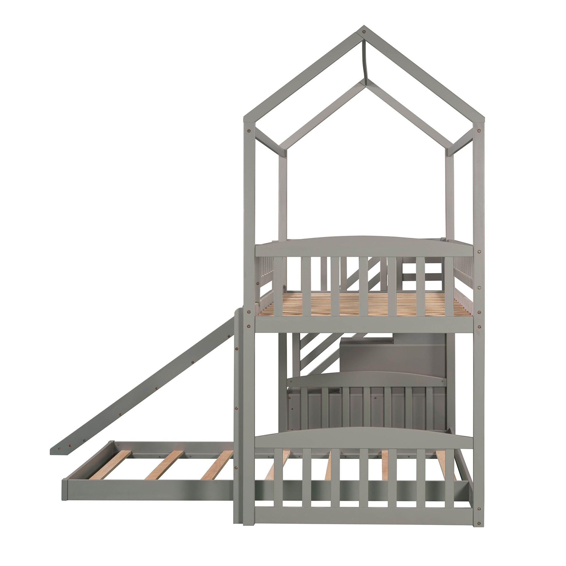 Twin Over Twin Bunk Bed With Two Drawers And Slide, House Bed With Slide, White Old Sku :Lp000129Aae Gray Pine