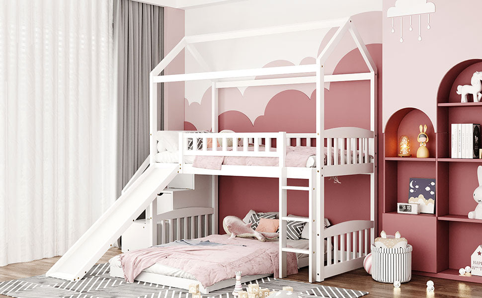 Twin Over Twin Bunk Bed With Two Drawers And Slide, House Bed With Slide, White Old Sku :Lp000129Aak White Pine