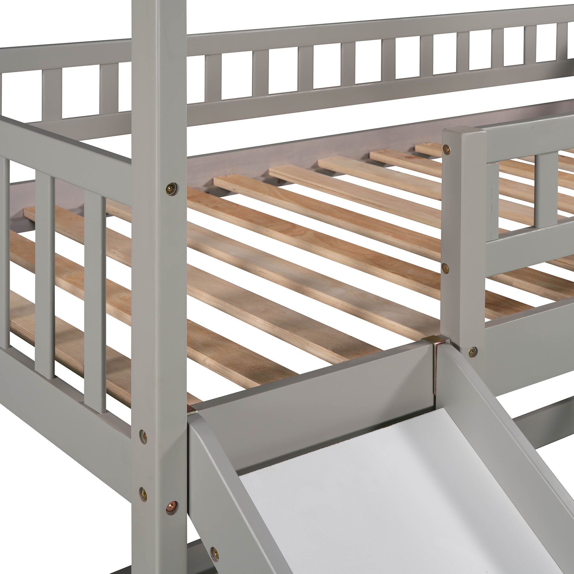 Twin Over Twin Bunk Bed With Two Drawers And Slide, House Bed With Slide, White Old Sku :Lp000129Aae Gray Pine