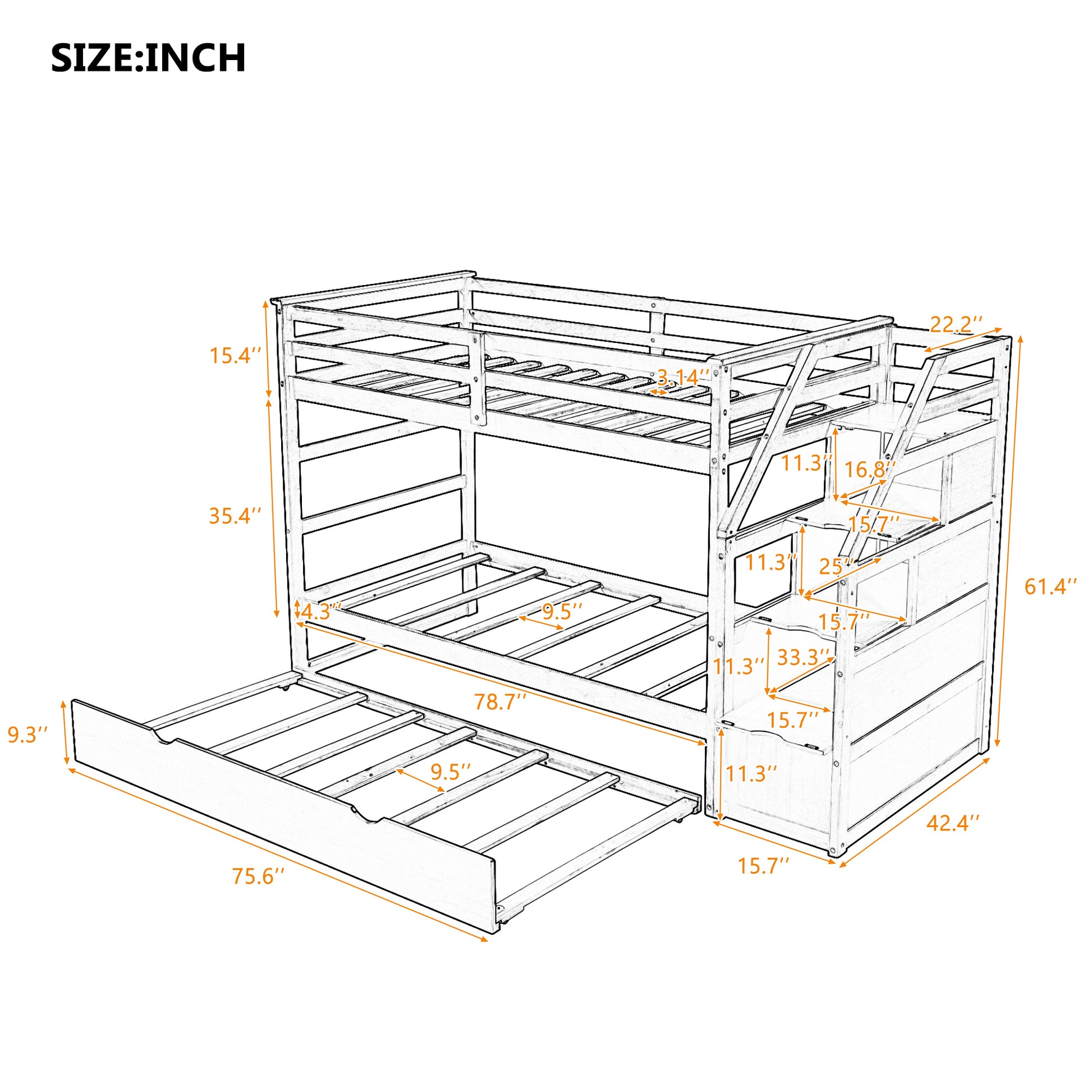 Twin Over Twin Bunk Bed With Twin Size Trundle And 3 Storage Stairs,Walnut Old Sku :Lp000064Aad Walnut Solid Wood