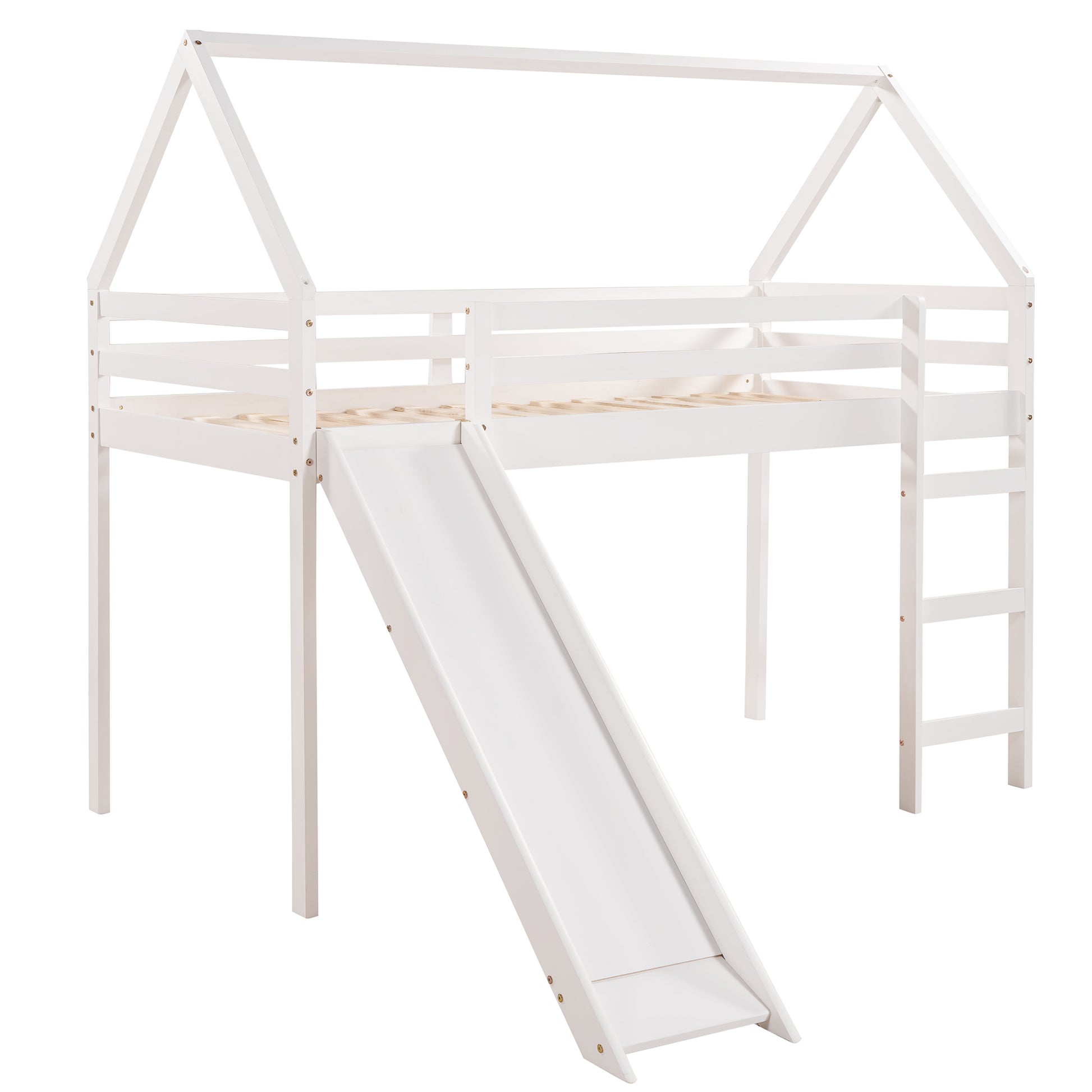 Twin Size Loft Bed With Slide, House Bed With Slide,White Old Sku :Wf281158Aak White Solid Wood