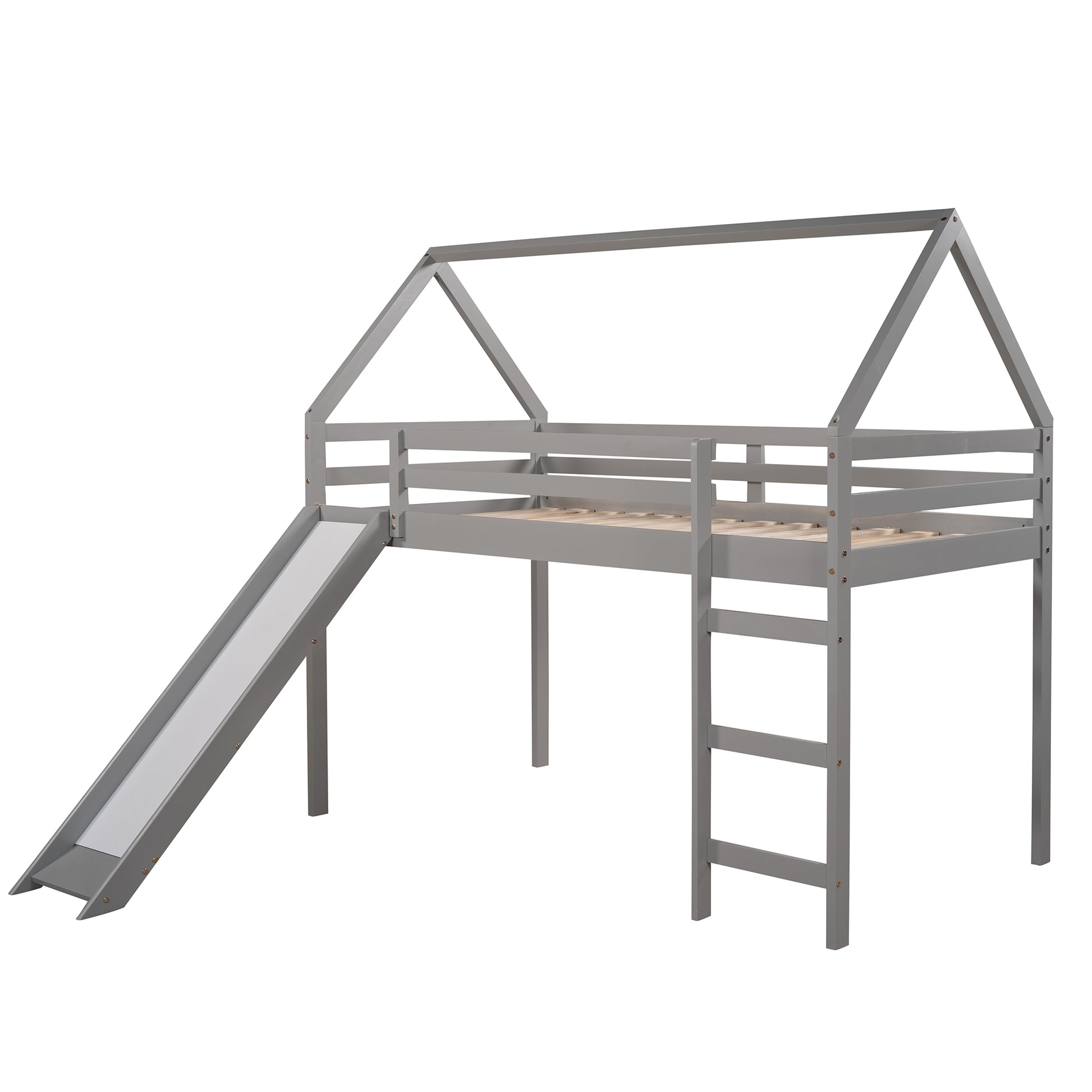 Twin Size Loft Bed With Slide, House Bed With Slide,Gray Old Sku :Wf281158Aae Gray Solid Wood