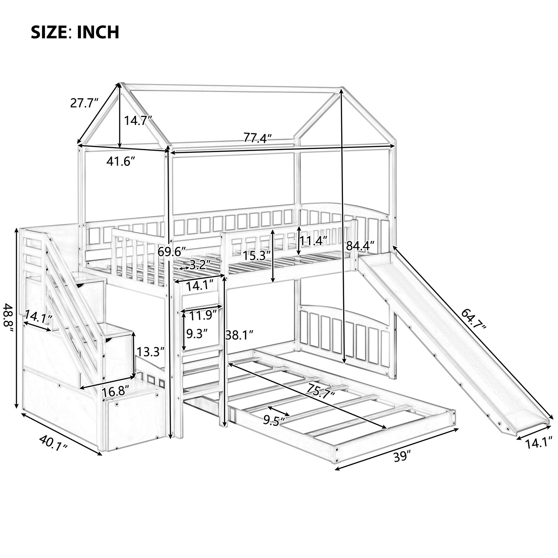 Twin Over Twin Bunk Bed With Two Drawers And Slide, House Bed With Slide, White Old Sku :Lp000129Aak White Pine