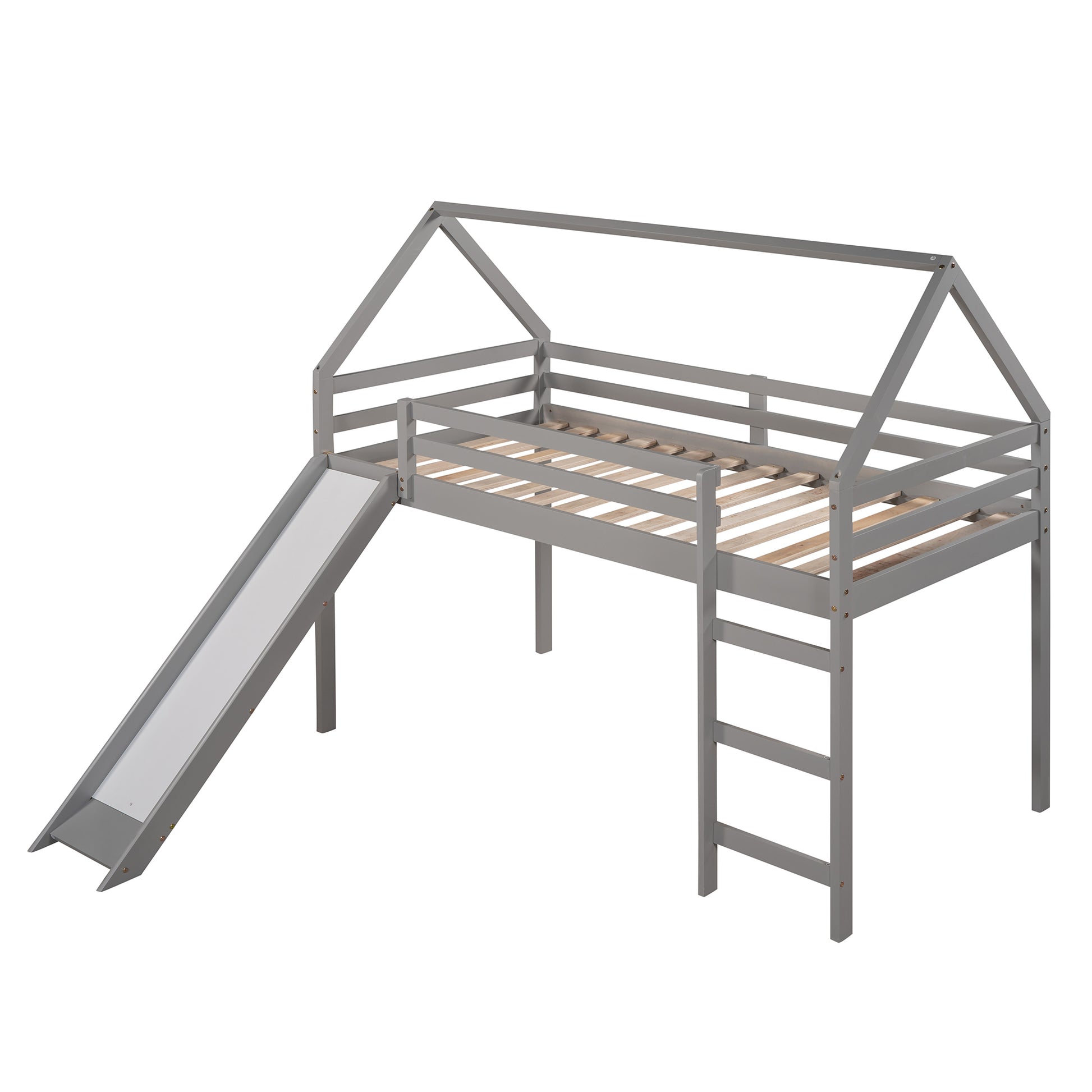 Twin Size Loft Bed With Slide, House Bed With Slide,Gray Old Sku :Wf281158Aae Gray Solid Wood