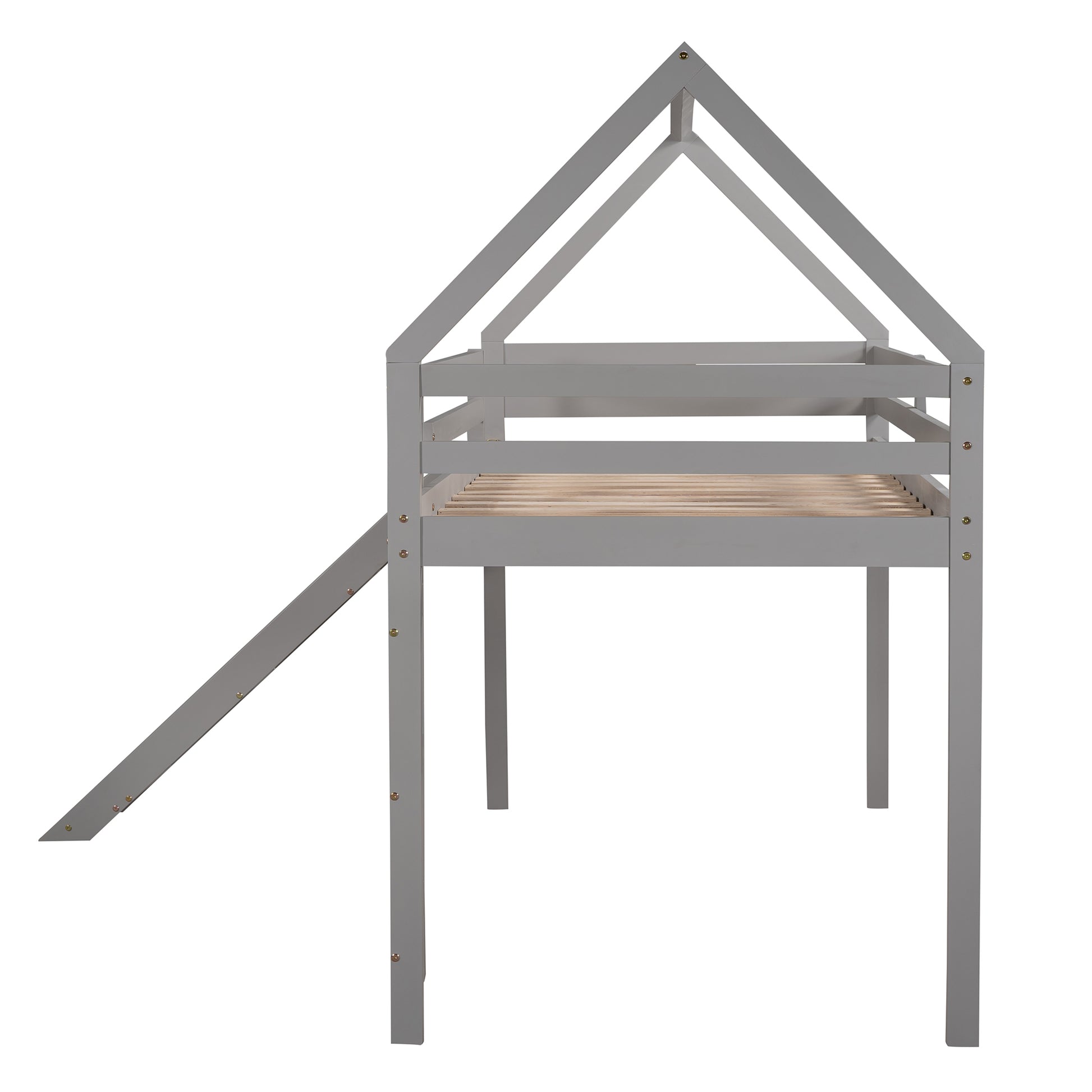 Twin Size Loft Bed With Slide, House Bed With Slide,Gray Old Sku :Wf281158Aae Gray Solid Wood