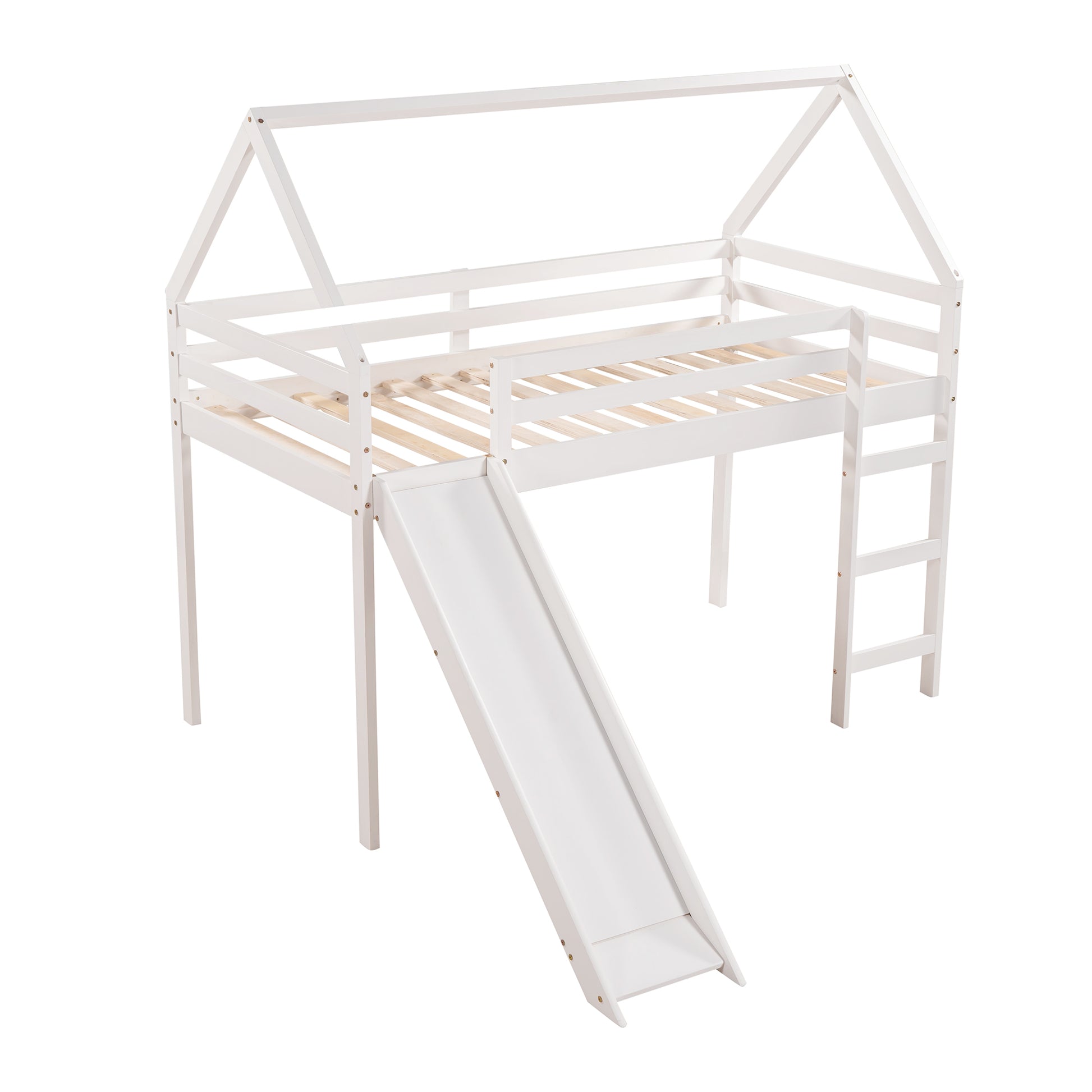 Twin Size Loft Bed With Slide, House Bed With Slide,White Old Sku :Wf281158Aak White Solid Wood