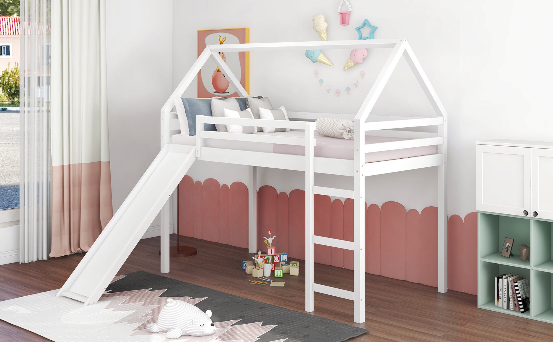 Twin Size Loft Bed With Slide, House Bed With Slide,White Old Sku :Wf281158Aak White Solid Wood