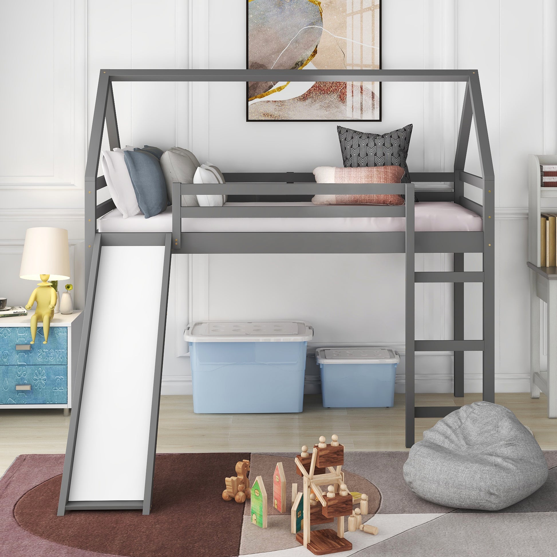 Twin Size Loft Bed With Slide, House Bed With Slide,Gray Old Sku :Wf281158Aae Gray Solid Wood