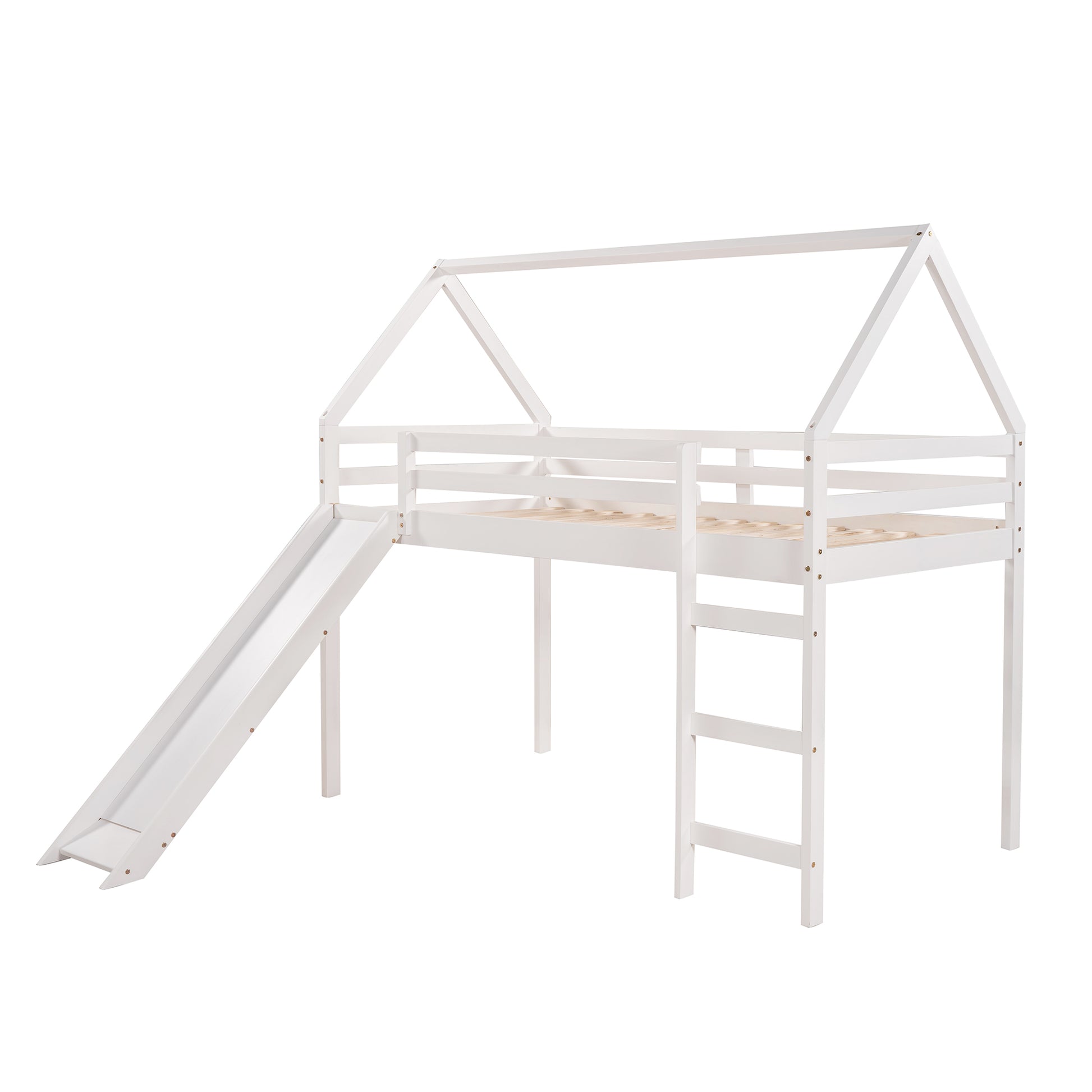 Twin Size Loft Bed With Slide, House Bed With Slide,White Old Sku :Wf281158Aak White Solid Wood