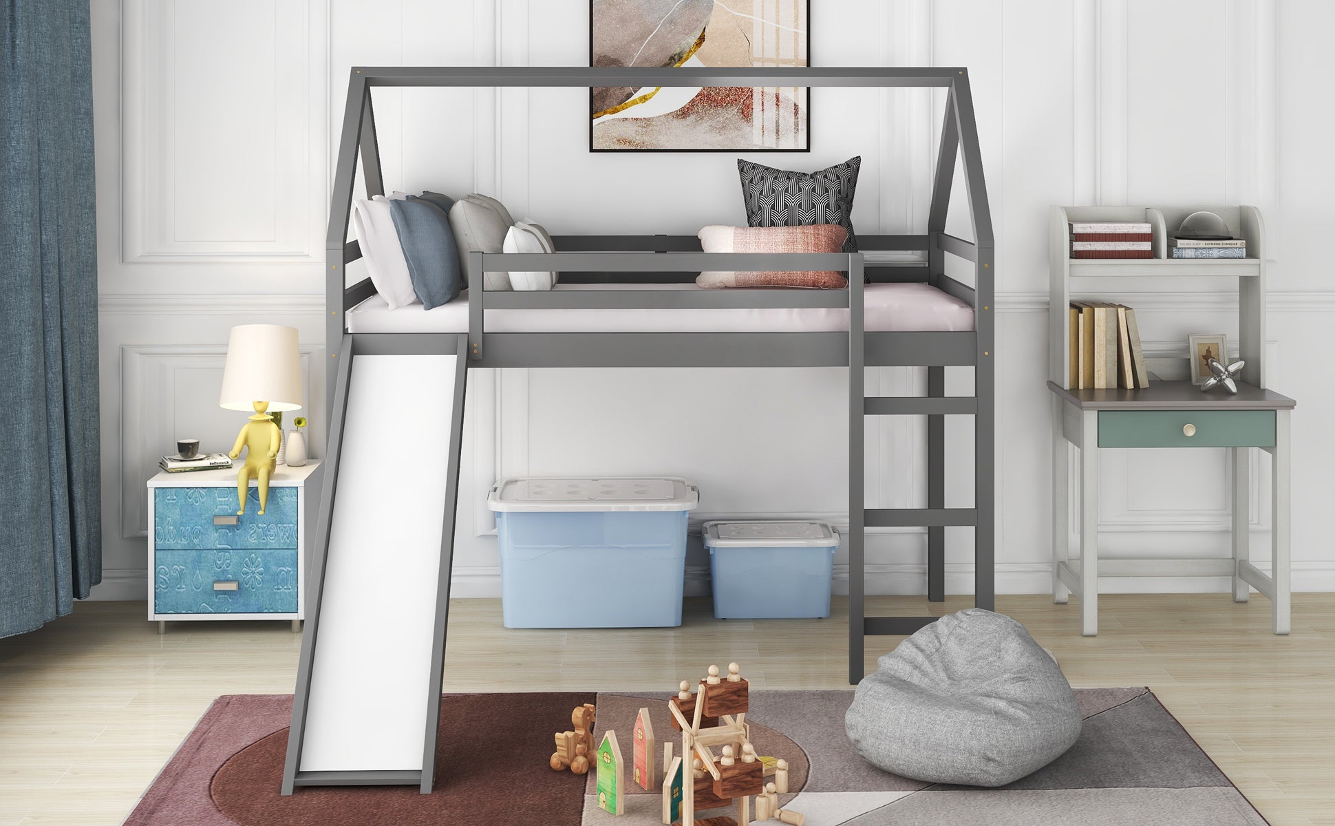 Twin Size Loft Bed With Slide, House Bed With Slide,Gray Old Sku :Wf281158Aae Gray Solid Wood