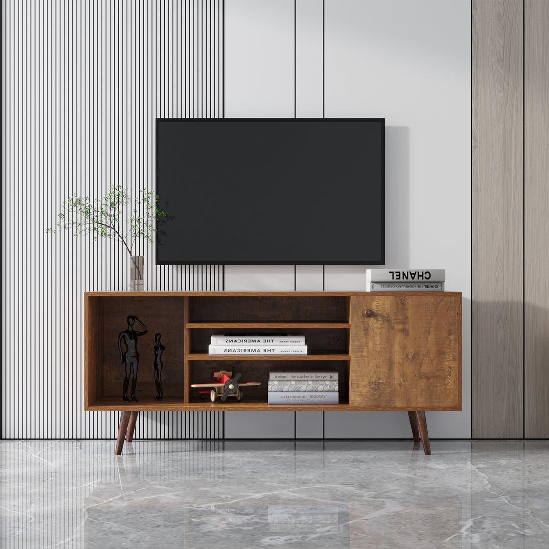 Tv Stand Use In Living Room Furniture With 1 Storage And 2 Shelves Cabinet, High Quality Particle Board,Walnut Walnut Particle Board