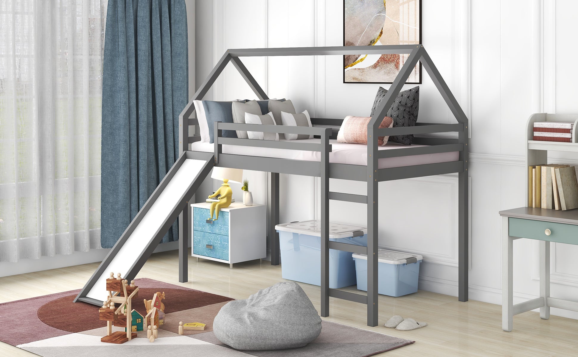 Twin Size Loft Bed With Slide, House Bed With Slide,Gray Old Sku :Wf281158Aae Gray Solid Wood