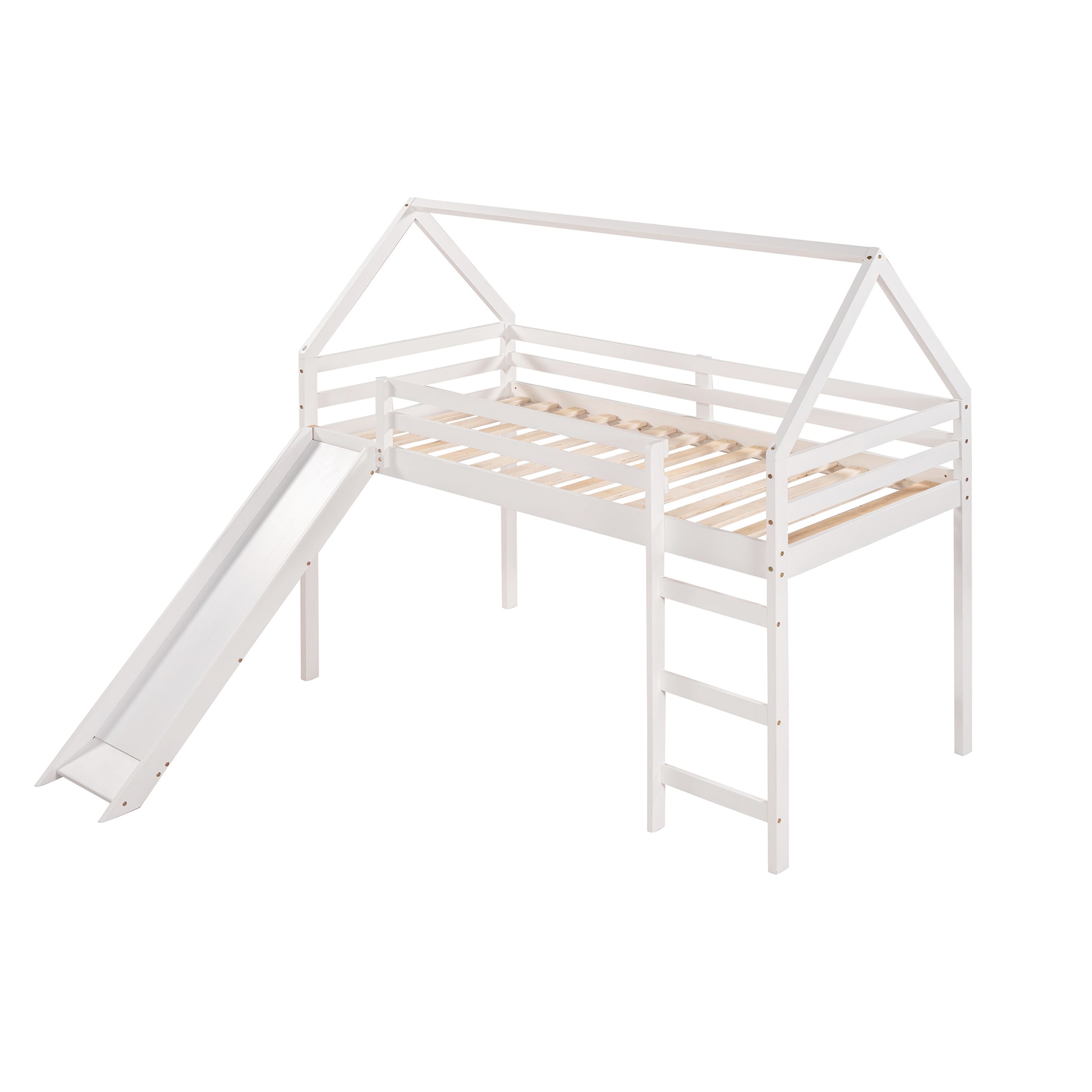 Twin Size Loft Bed With Slide, House Bed With Slide,White Old Sku :Wf281158Aak White Solid Wood