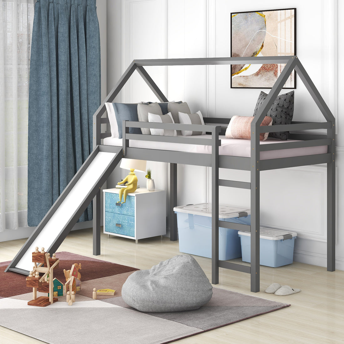 Twin Size Loft Bed With Slide, House Bed With Slide,Gray Old Sku :Wf281158Aae Gray Solid Wood