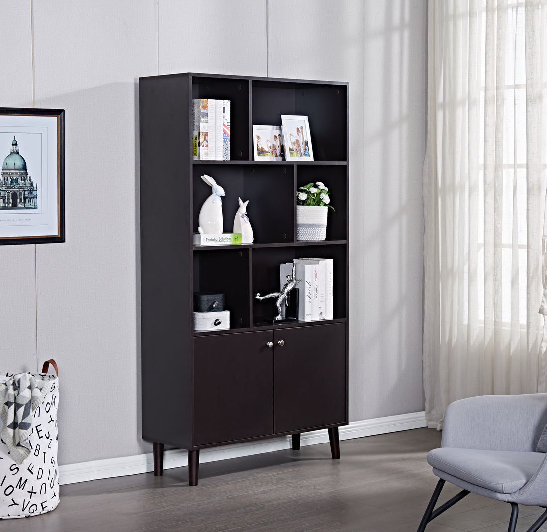 67" Bookcase With Doors, 3 Tier Bookshelf, Coffee Coffee Mdf