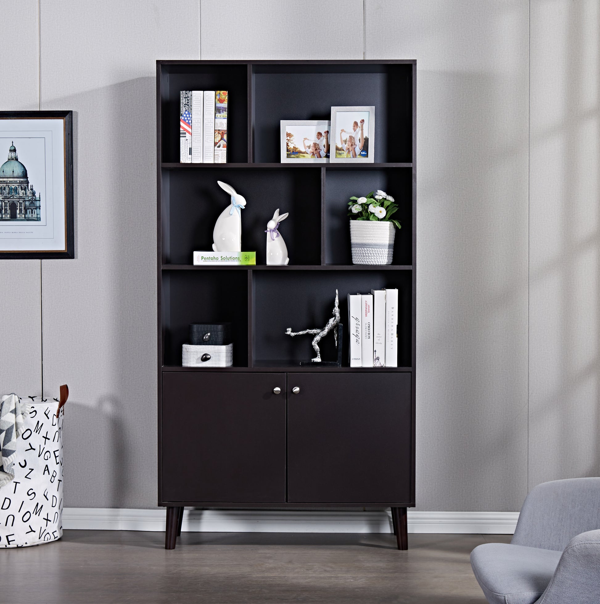 67" Bookcase With Doors, 3 Tier Bookshelf, Coffee Coffee Mdf