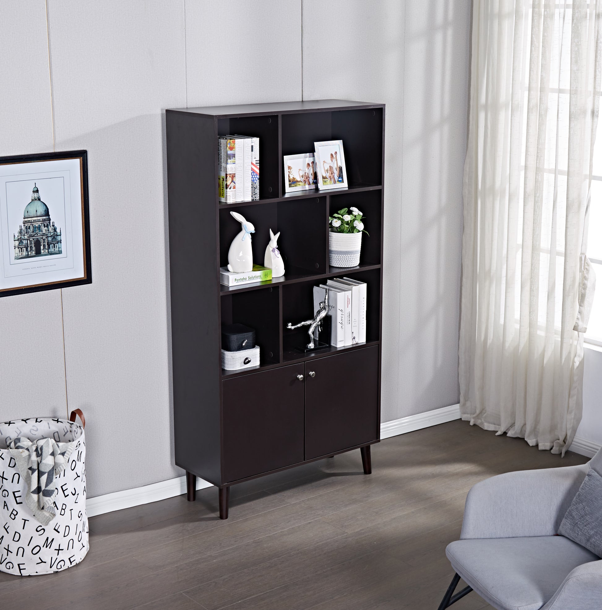 67" Bookcase With Doors, 3 Tier Bookshelf, Coffee Coffee Mdf