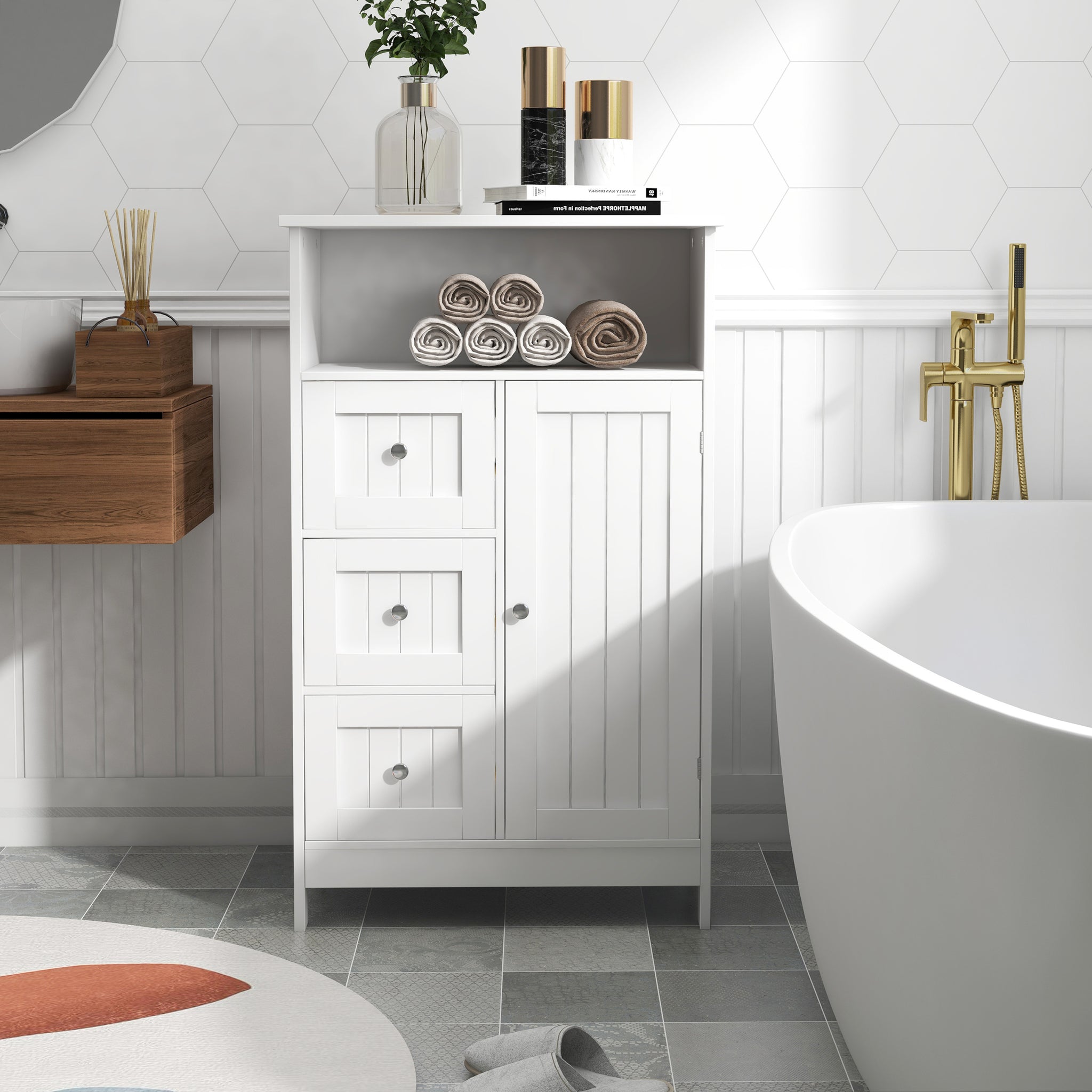 Bathroom Standing Storage Cabinet With 3 Drawers And 1 Door White White Mdf