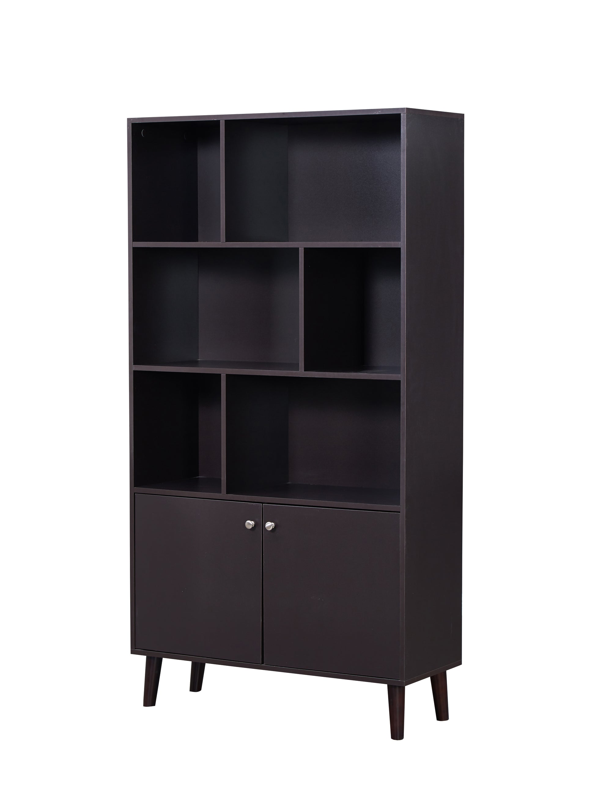 67" Bookcase With Doors, 3 Tier Bookshelf, Coffee Coffee Mdf