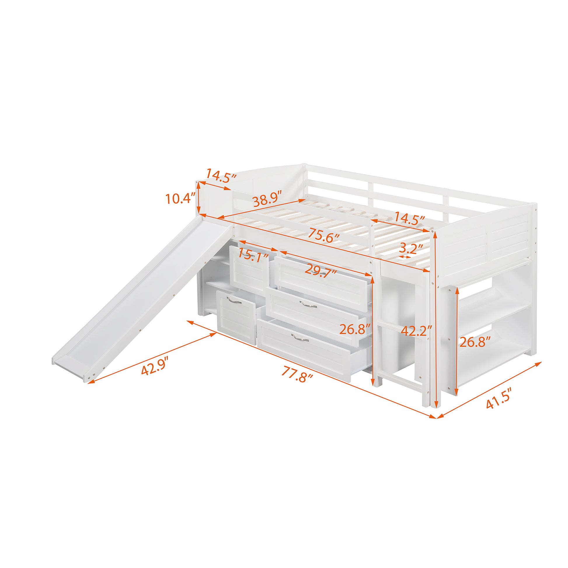 Low Twin Size Loft Bed With Cabinets, Shelves And Slide White Old Sku :Lp000503Aak White Solid Wood