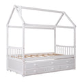 Twin Size Wooden House Bed With Trundle And 3 Storage Drawers White White Solid Wood