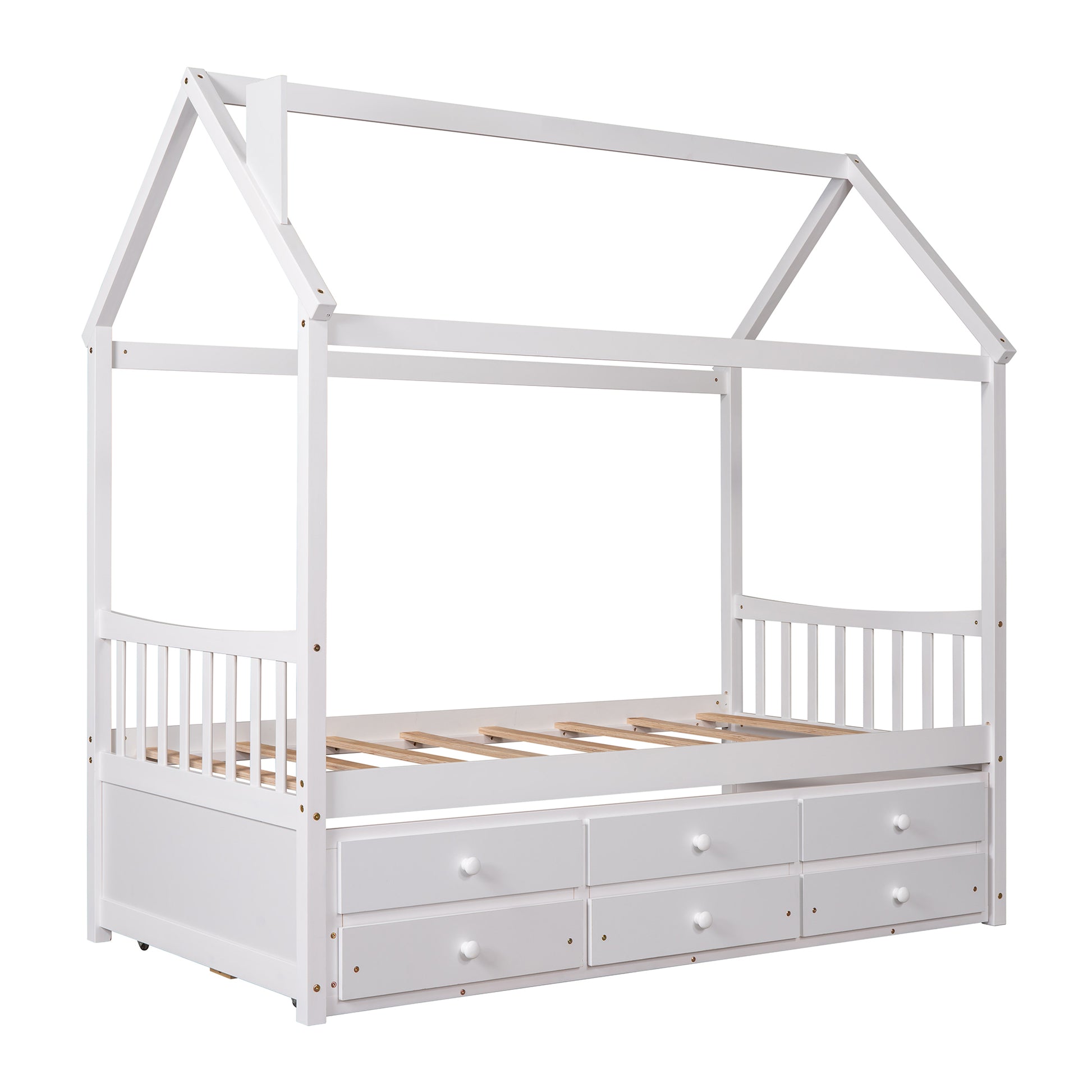 Twin Size Wooden House Bed With Trundle And 3 Storage Drawers White White Solid Wood