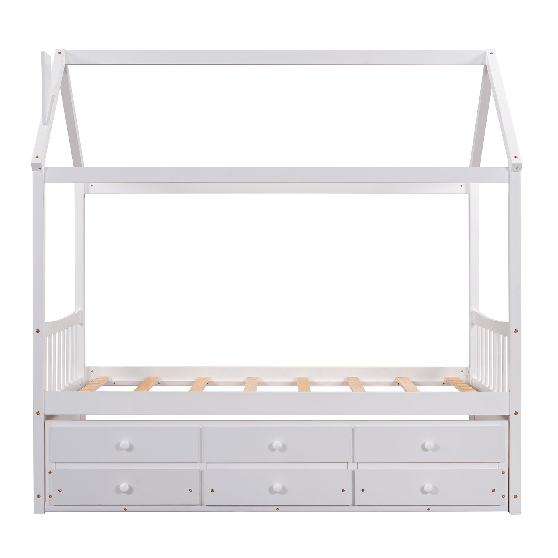 Twin Size Wooden House Bed With Trundle And 3 Storage Drawers White White Solid Wood