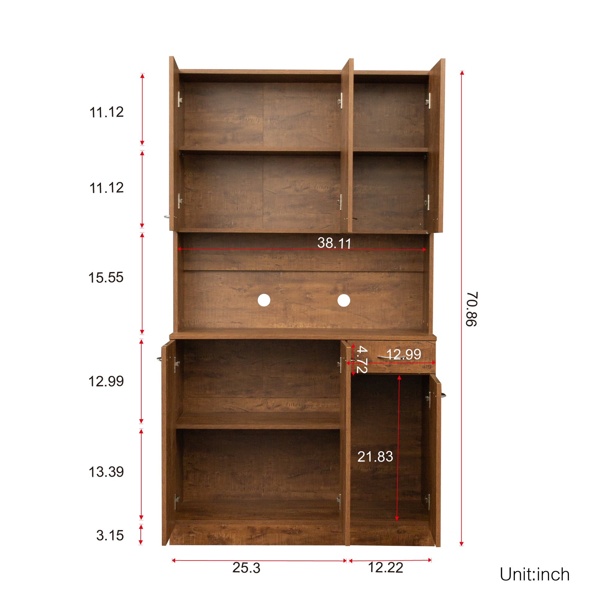 70.87" Tall Wardrobe& Kitchen Cabinet, With 6 Doors, 1 Open Shelves And 1 Drawer For Bedroom,Walnut Walnut Mdf