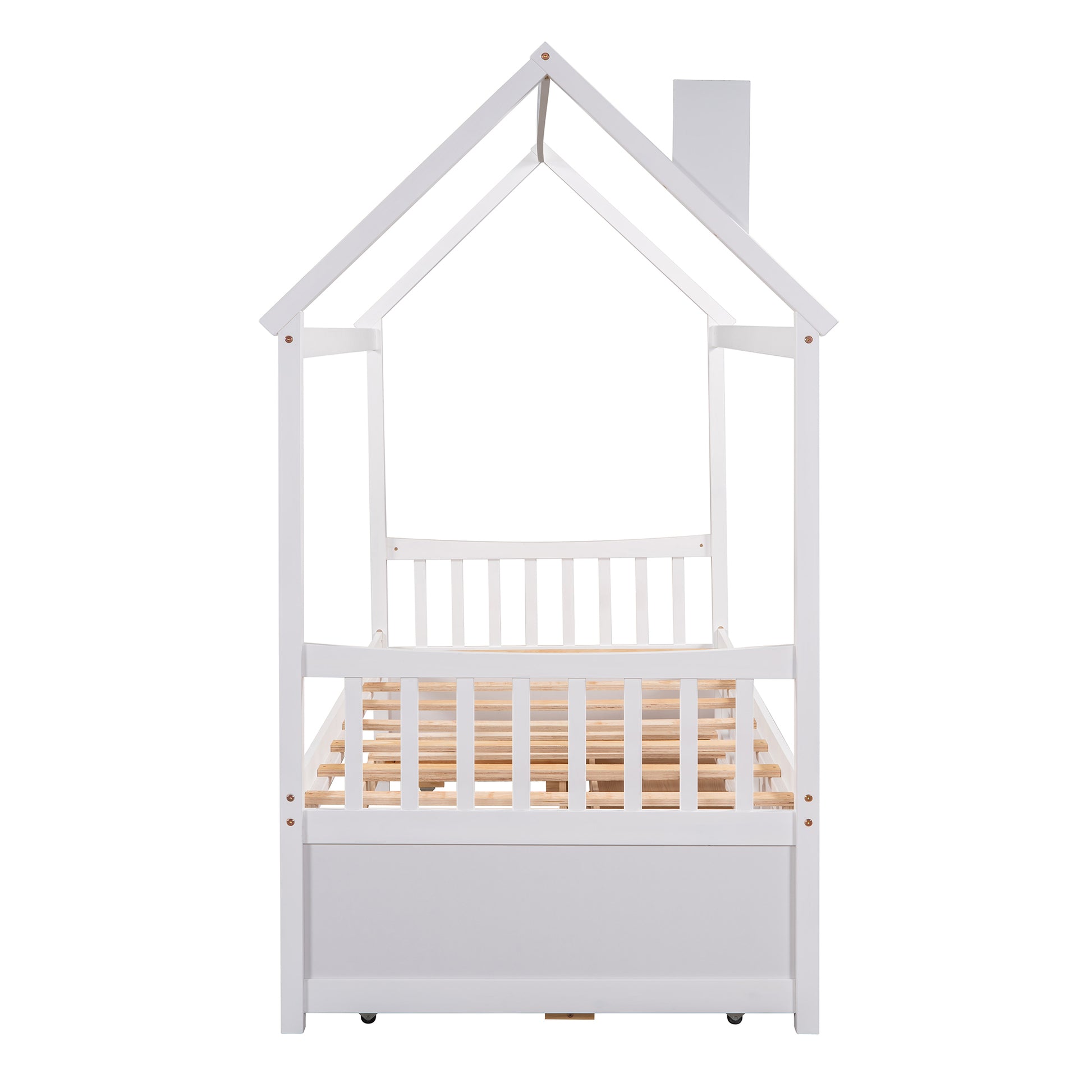 Twin Size Wooden House Bed With Trundle And 3 Storage Drawers White White Solid Wood