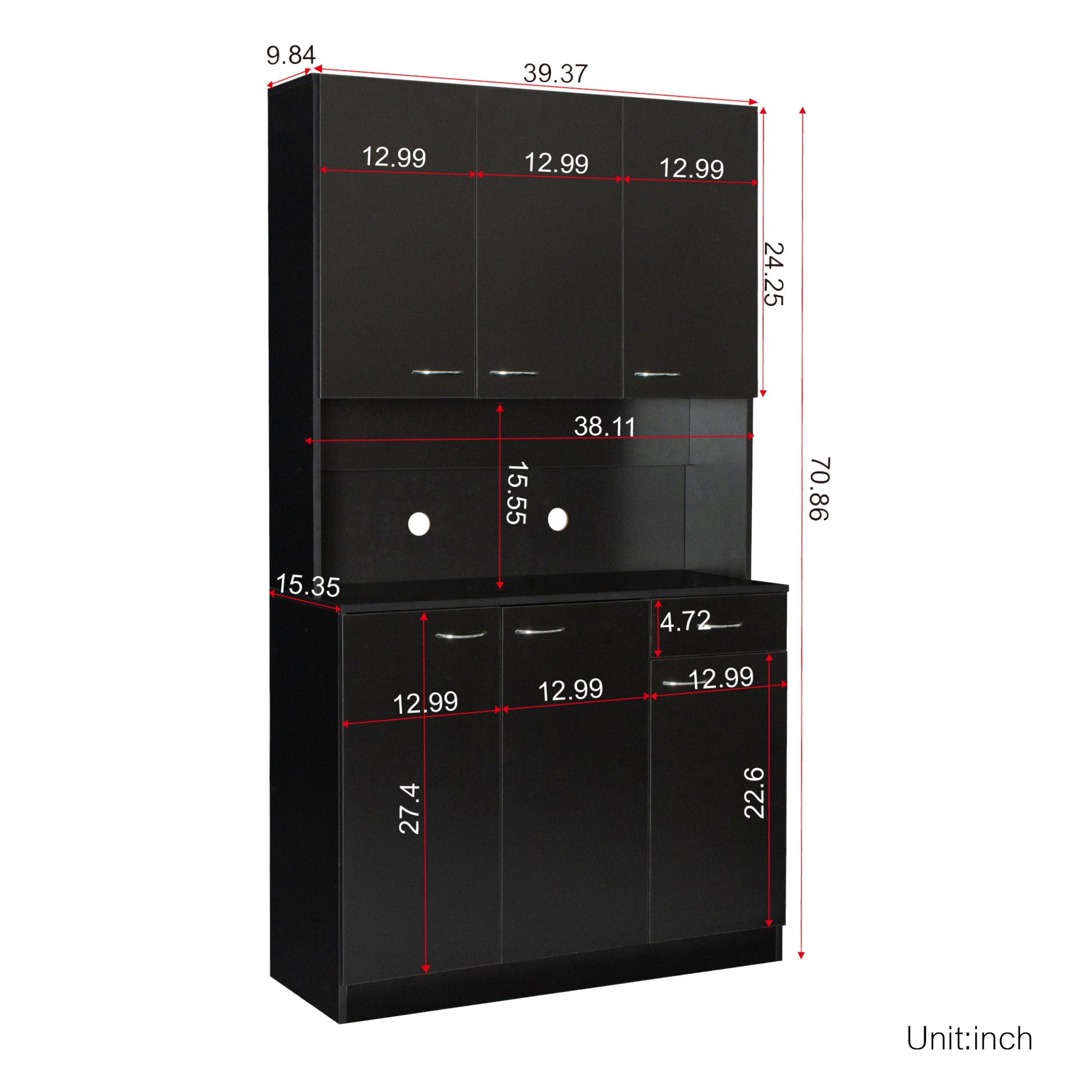 70.87" Tall Wardrobe& Kitchen Cabinet, With 6 Doors, 1 Open Shelves And 1 Drawer For Bedroom,Black Black Mdf