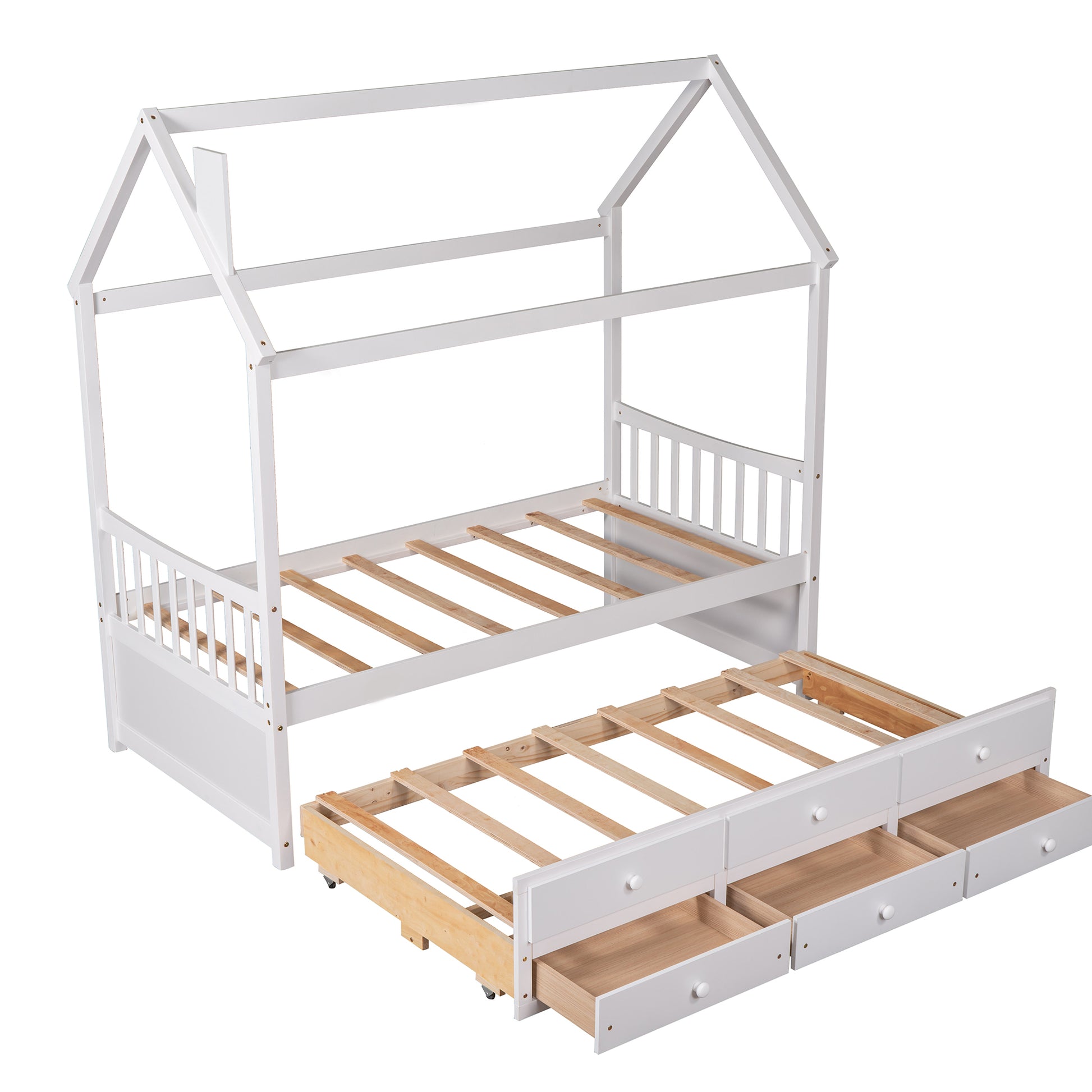 Twin Size Wooden House Bed With Trundle And 3 Storage Drawers White White Solid Wood