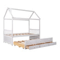 Twin Size Wooden House Bed With Trundle And 3 Storage Drawers White White Solid Wood