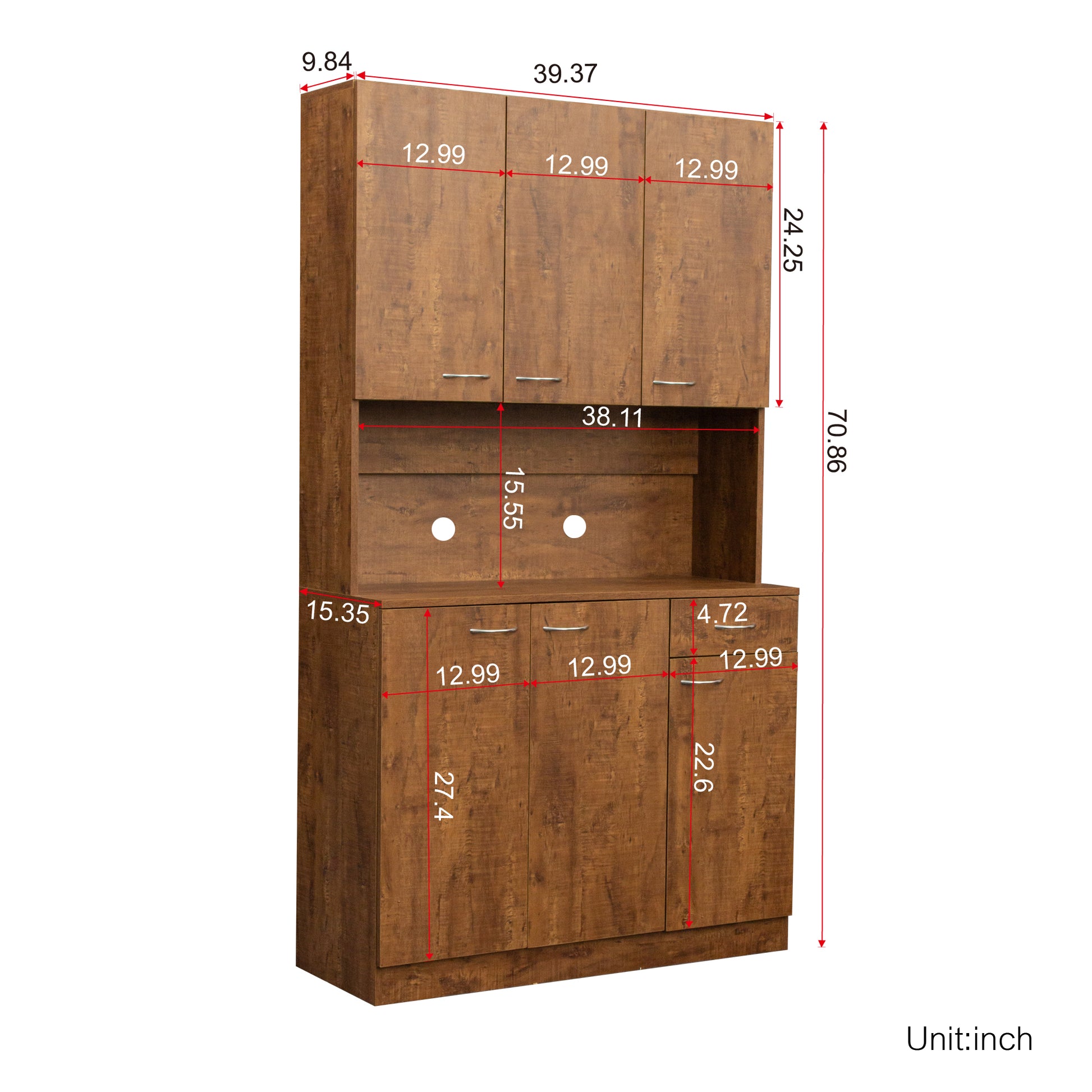 70.87" Tall Wardrobe& Kitchen Cabinet, With 6 Doors, 1 Open Shelves And 1 Drawer For Bedroom,Walnut Walnut Mdf