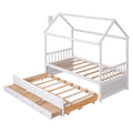 Twin Size Wooden House Bed With Trundle And 3 Storage Drawers White White Solid Wood