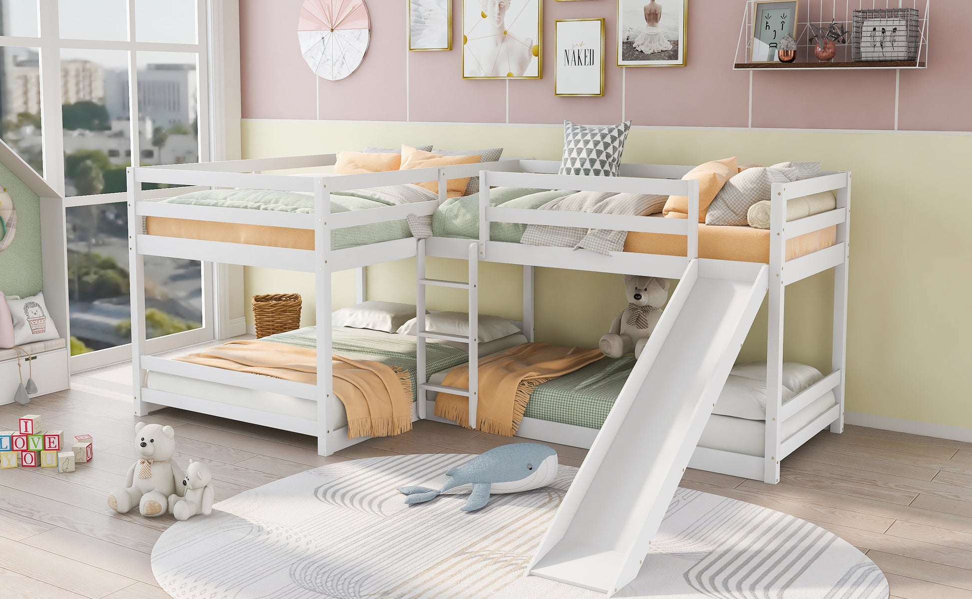 Full And Twin Size L Shaped Bunk Bed With Slide And Short Ladder,White Twin White Pine