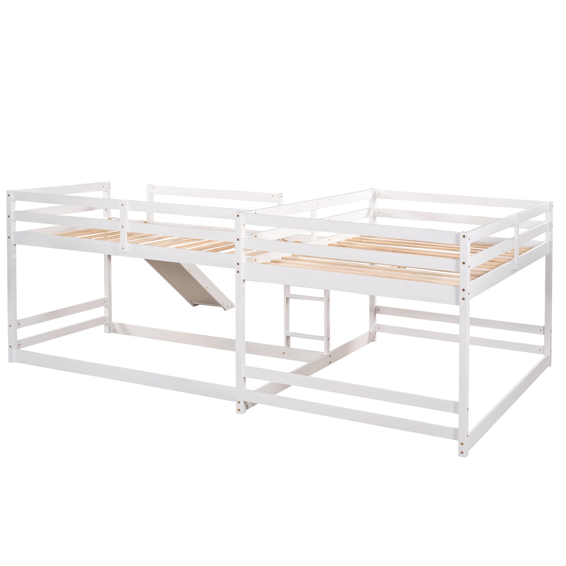 Full And Twin Size L Shaped Bunk Bed With Slide And Short Ladder,White Twin White Pine