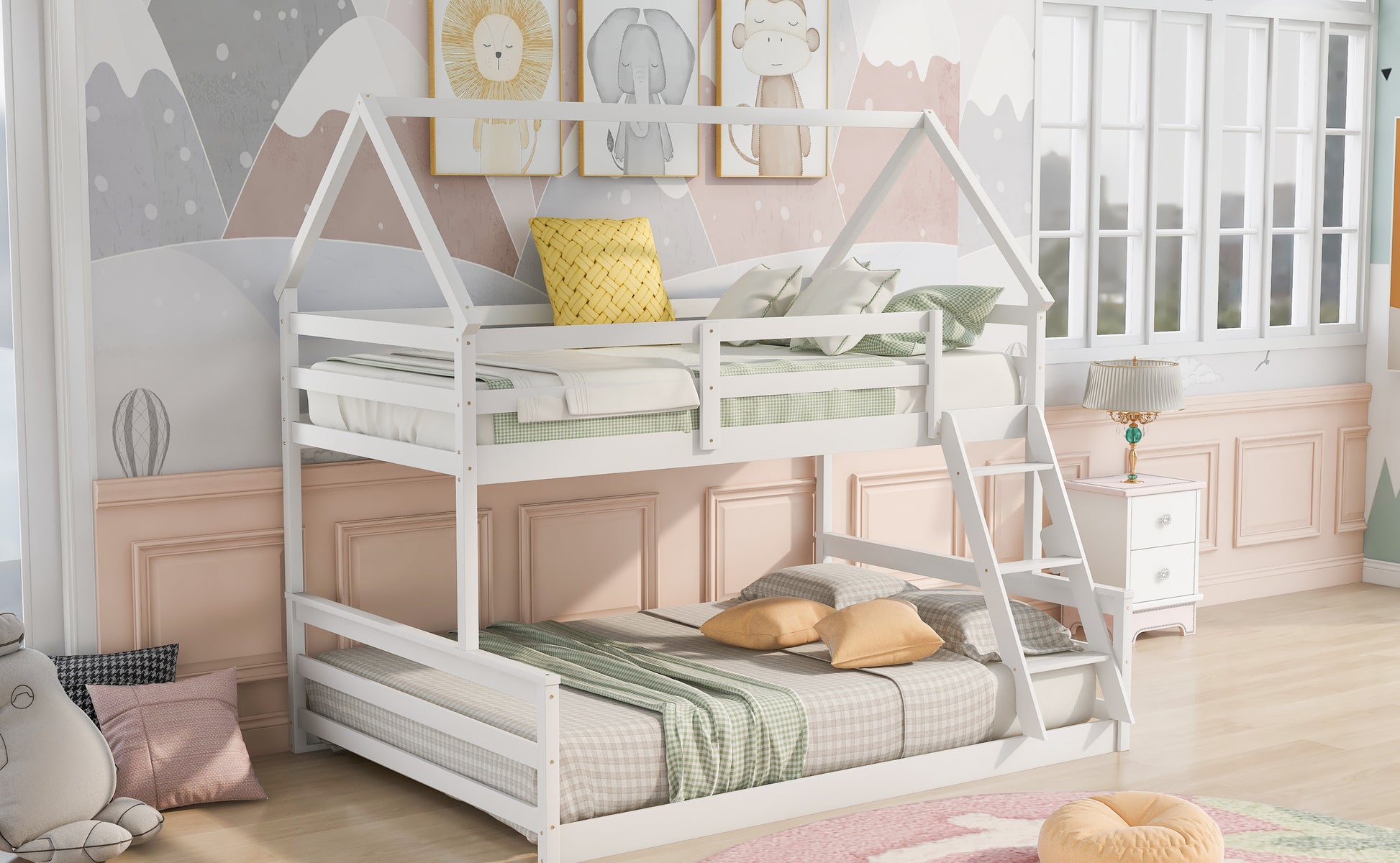 Twin Over Full House Bunk Bed With Built In Ladder,White White Pine