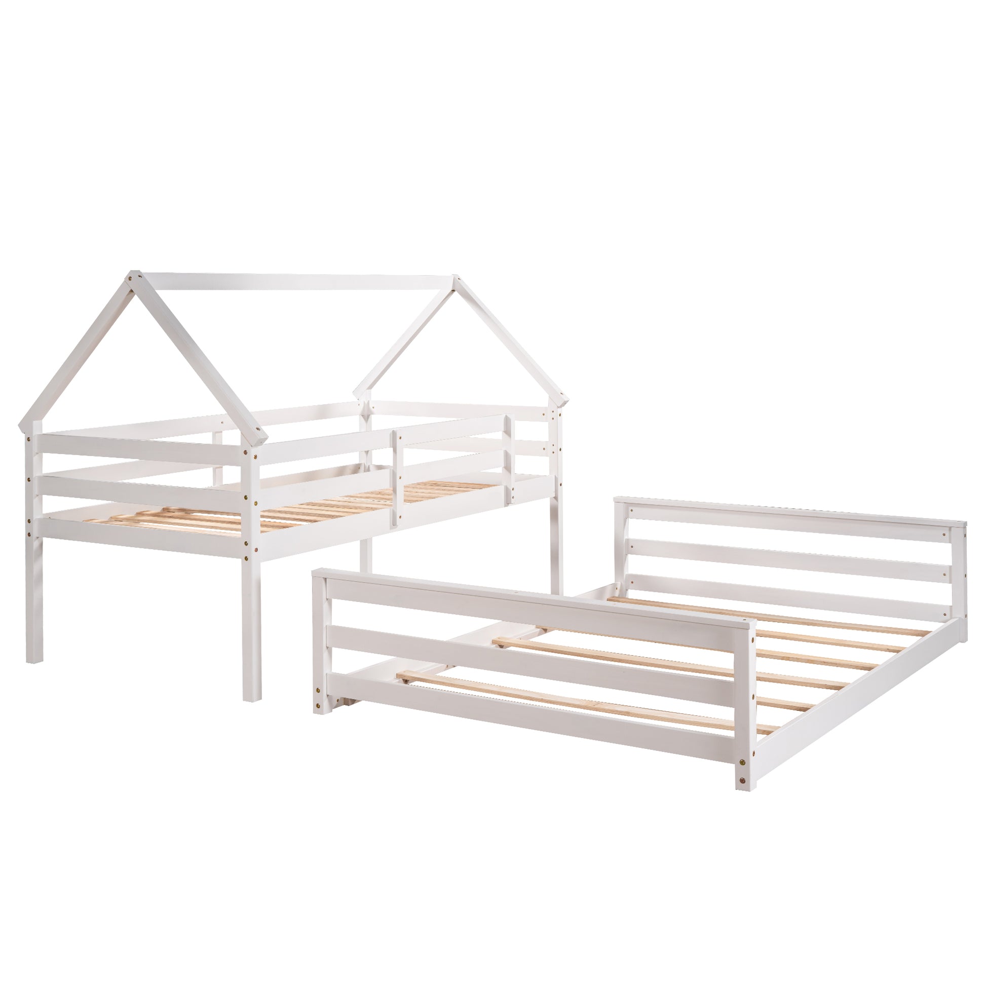 Twin Over Full House Bunk Bed With Built In Ladder,White White Pine