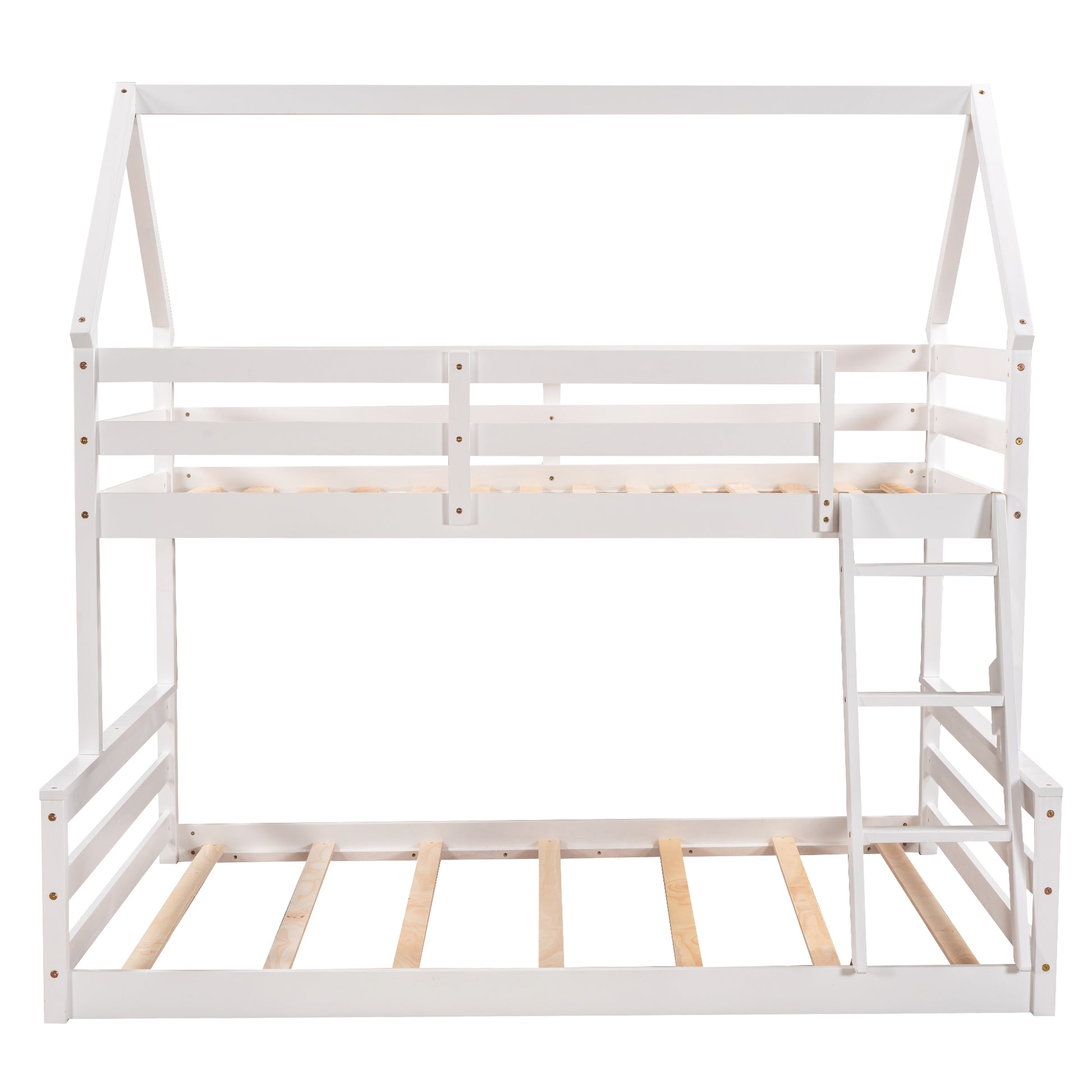 Twin Over Full House Bunk Bed With Built In Ladder,White White Pine