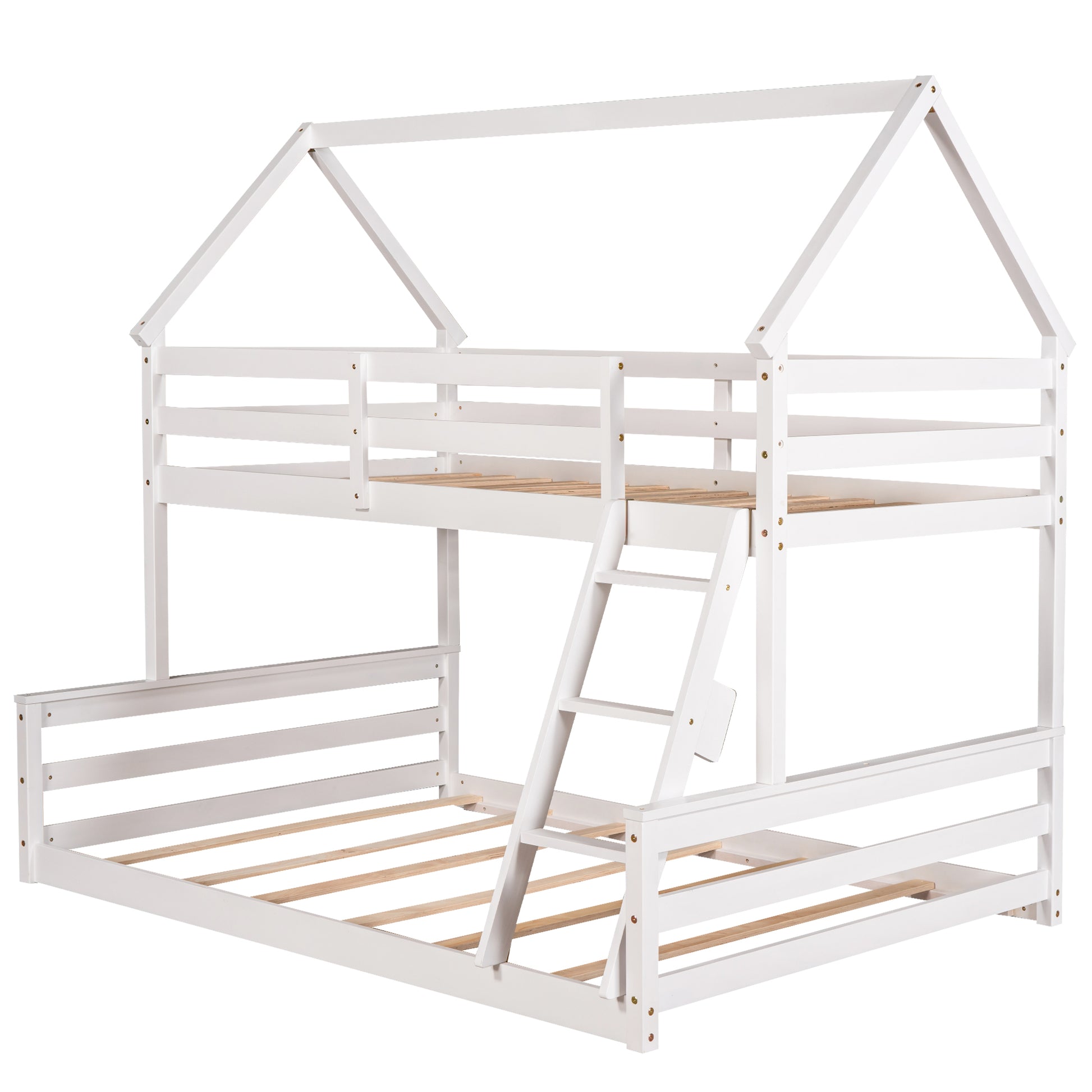 Twin Over Full House Bunk Bed With Built In Ladder,White White Pine