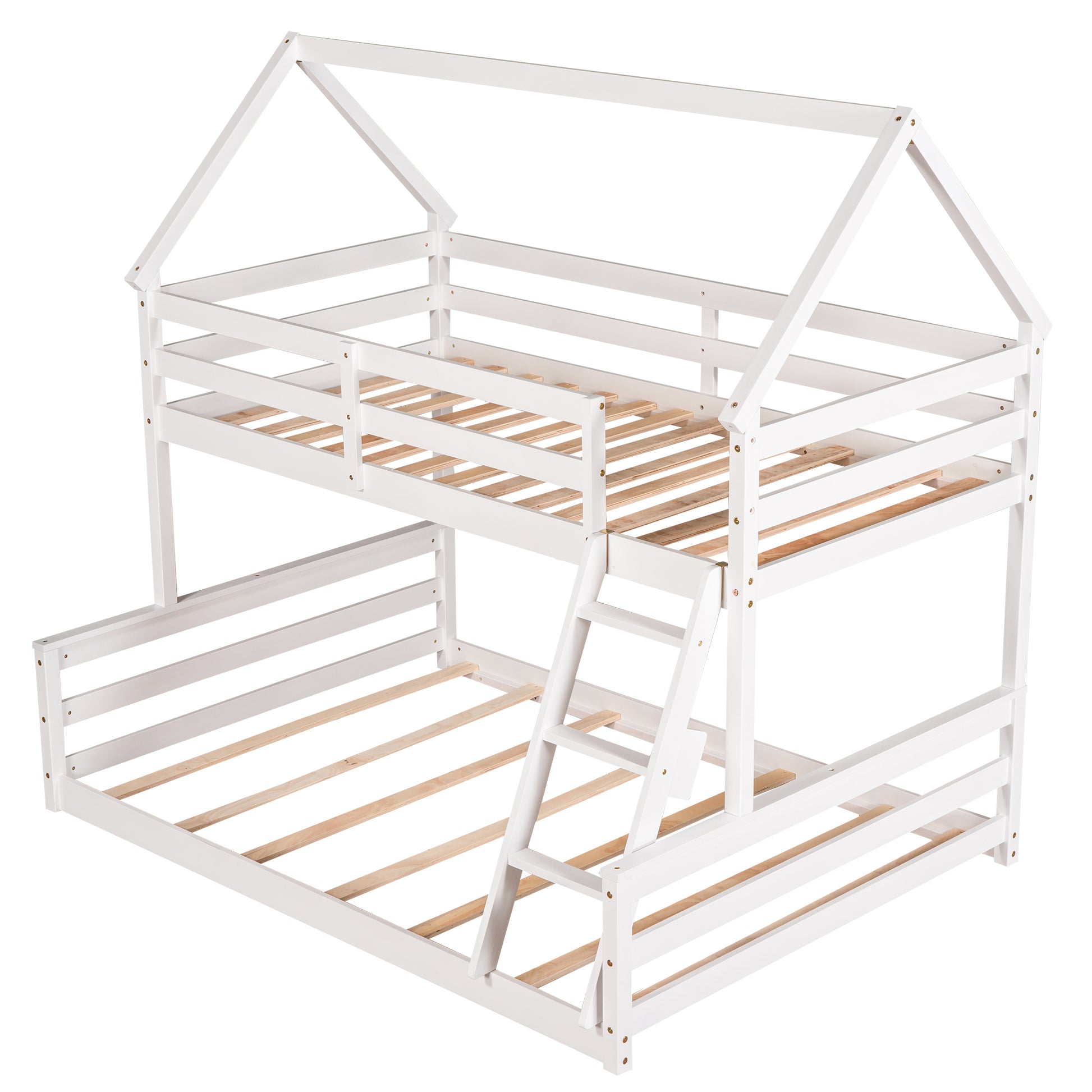 Twin Over Full House Bunk Bed With Built In Ladder,White White Pine