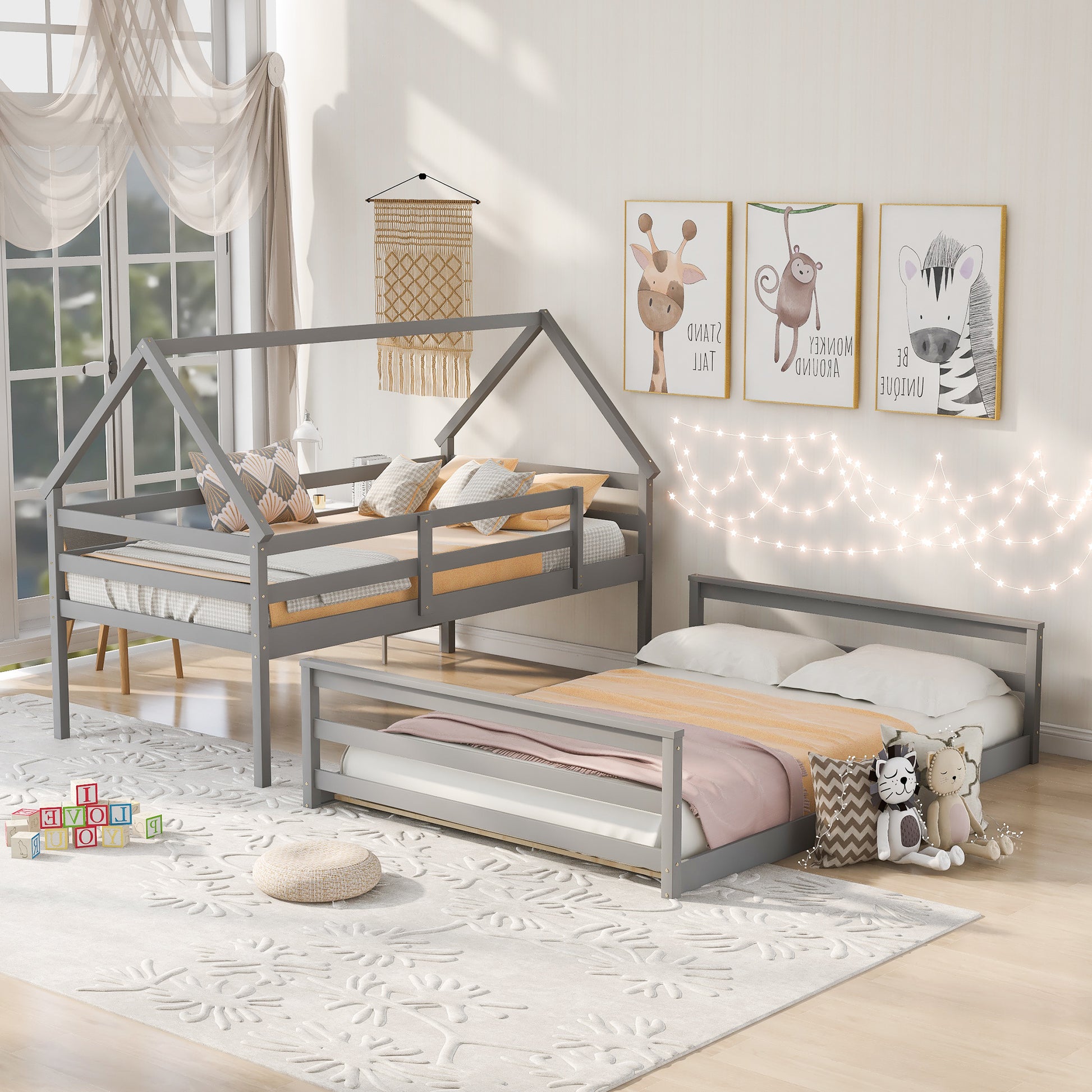 Twin Over Full House Bunk Bed With Built In Ladder,Gray Gray Pine