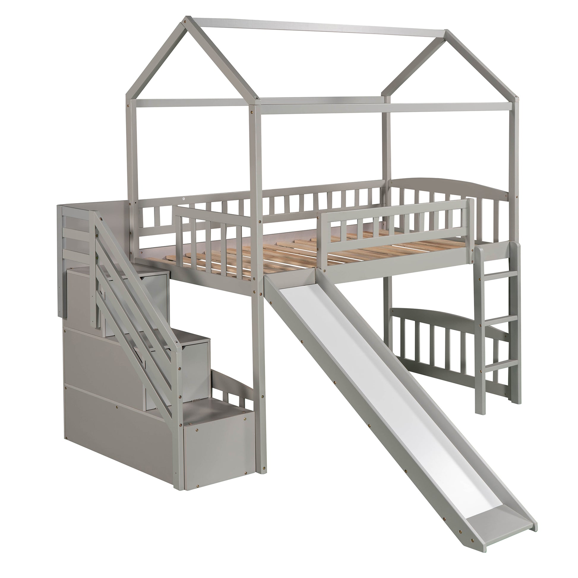 Twin Loft Bed With Two Drawers And Slide, House Bed With Slide, Gray Old Sku: Lp000130Aae Twin Gray Solid Wood