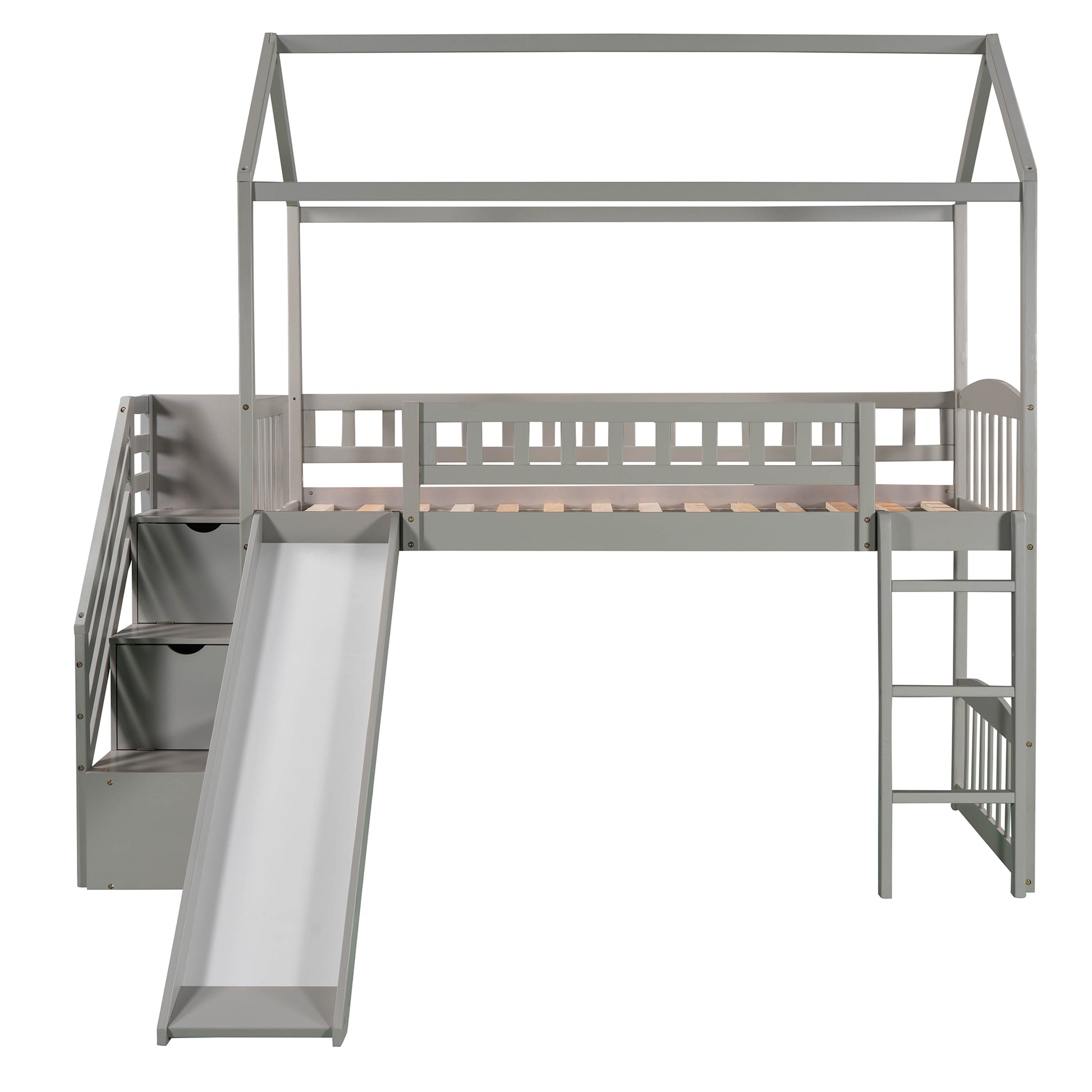 Twin Loft Bed With Two Drawers And Slide, House Bed With Slide, Gray Old Sku: Lp000130Aae Twin Gray Solid Wood