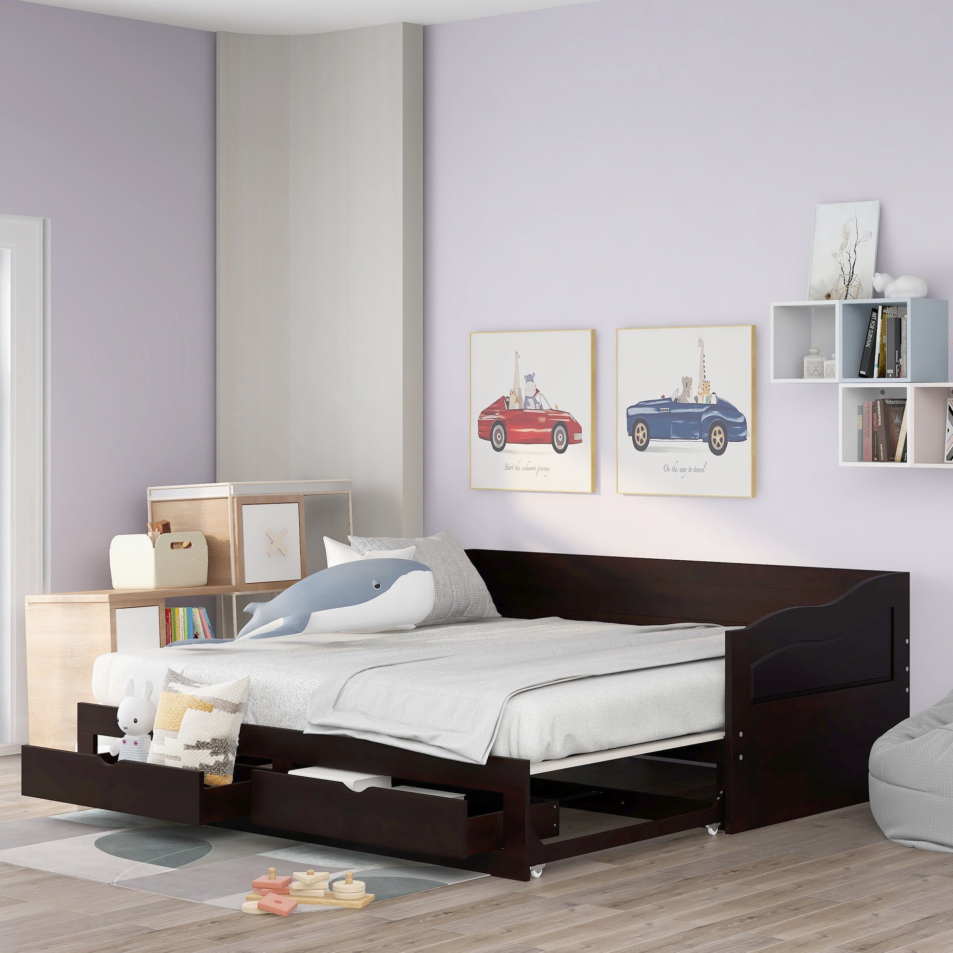 Wooden Daybed With Trundle Bed And Two Storage Drawersextendable Bed Daybed,Sofa Bed With Two Drawers, Espresso Espresso Solid Wood