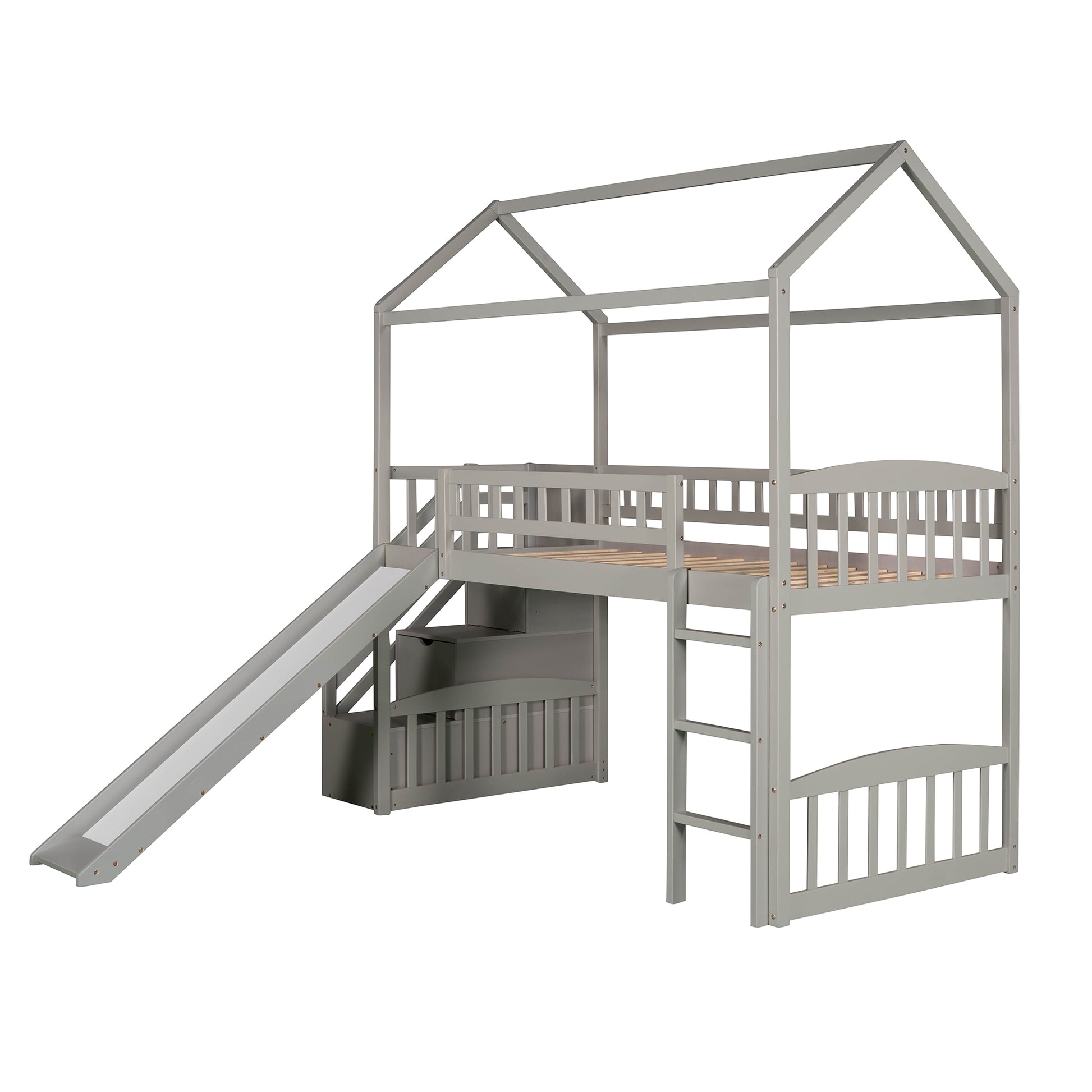 Twin Loft Bed With Two Drawers And Slide, House Bed With Slide, Gray Old Sku: Lp000130Aae Twin Gray Solid Wood