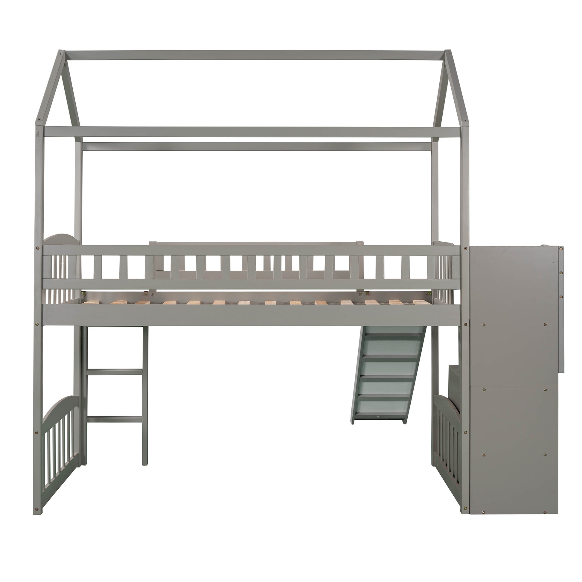 Twin Loft Bed With Two Drawers And Slide, House Bed With Slide, Gray Old Sku: Lp000130Aae Twin Gray Solid Wood